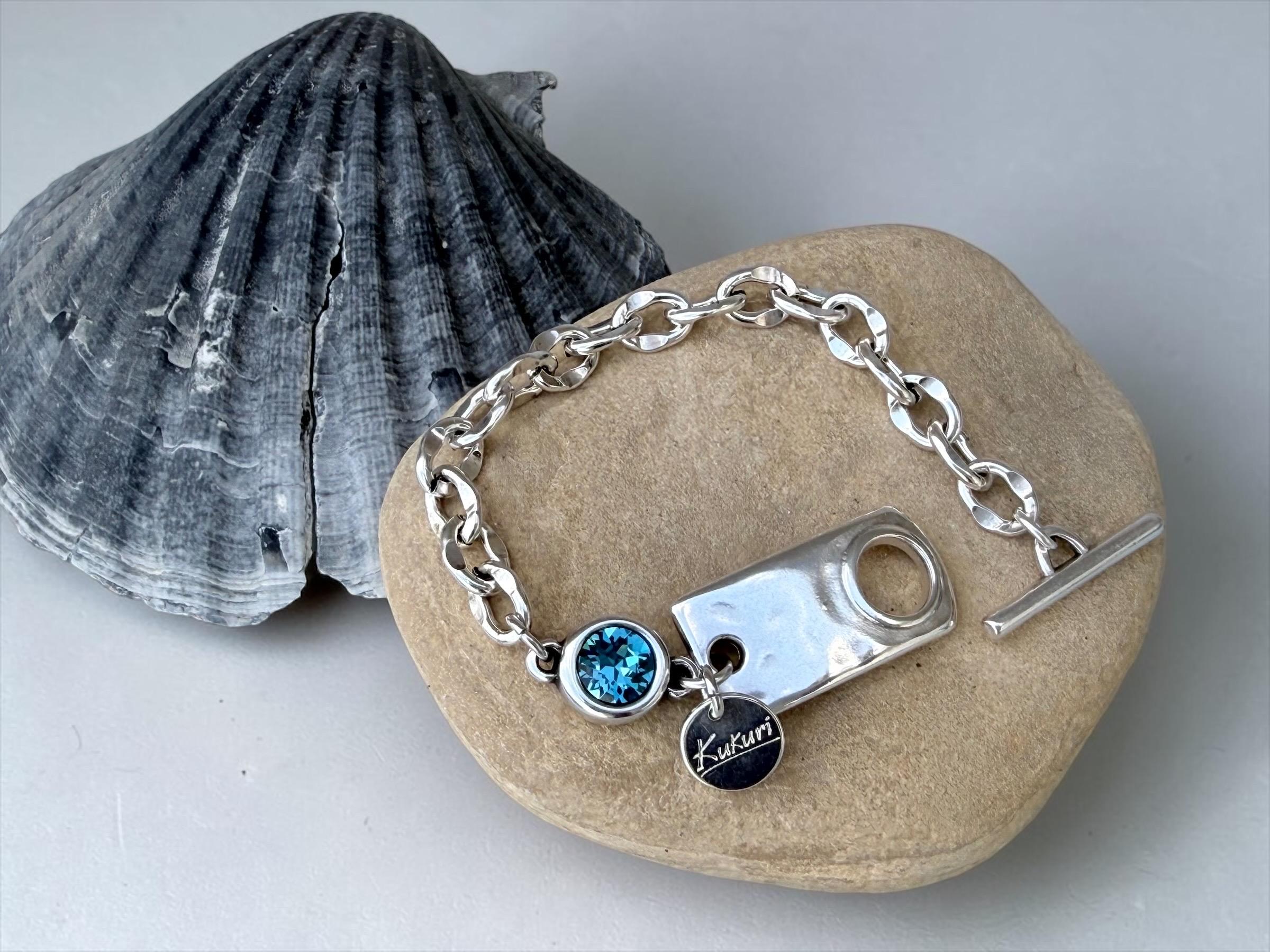 Chunky Silver Chain Bracelet with Swarovski Crystal – Bold Custom Design with Toggle Clasp – Handmade