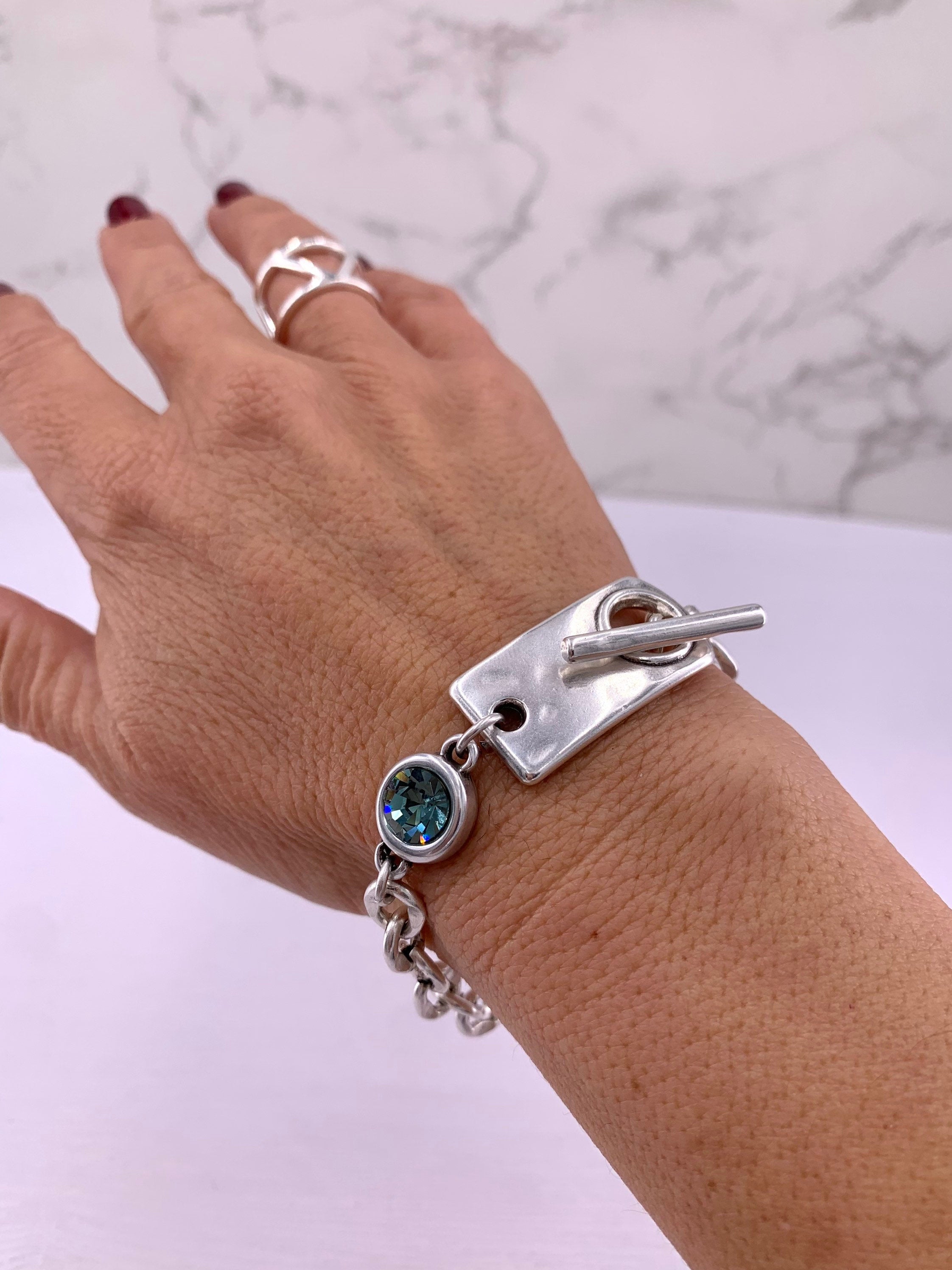Chunky Silver Chain Bracelet with Swarovski Crystal – Bold Custom Design with Toggle Clasp – Handmade