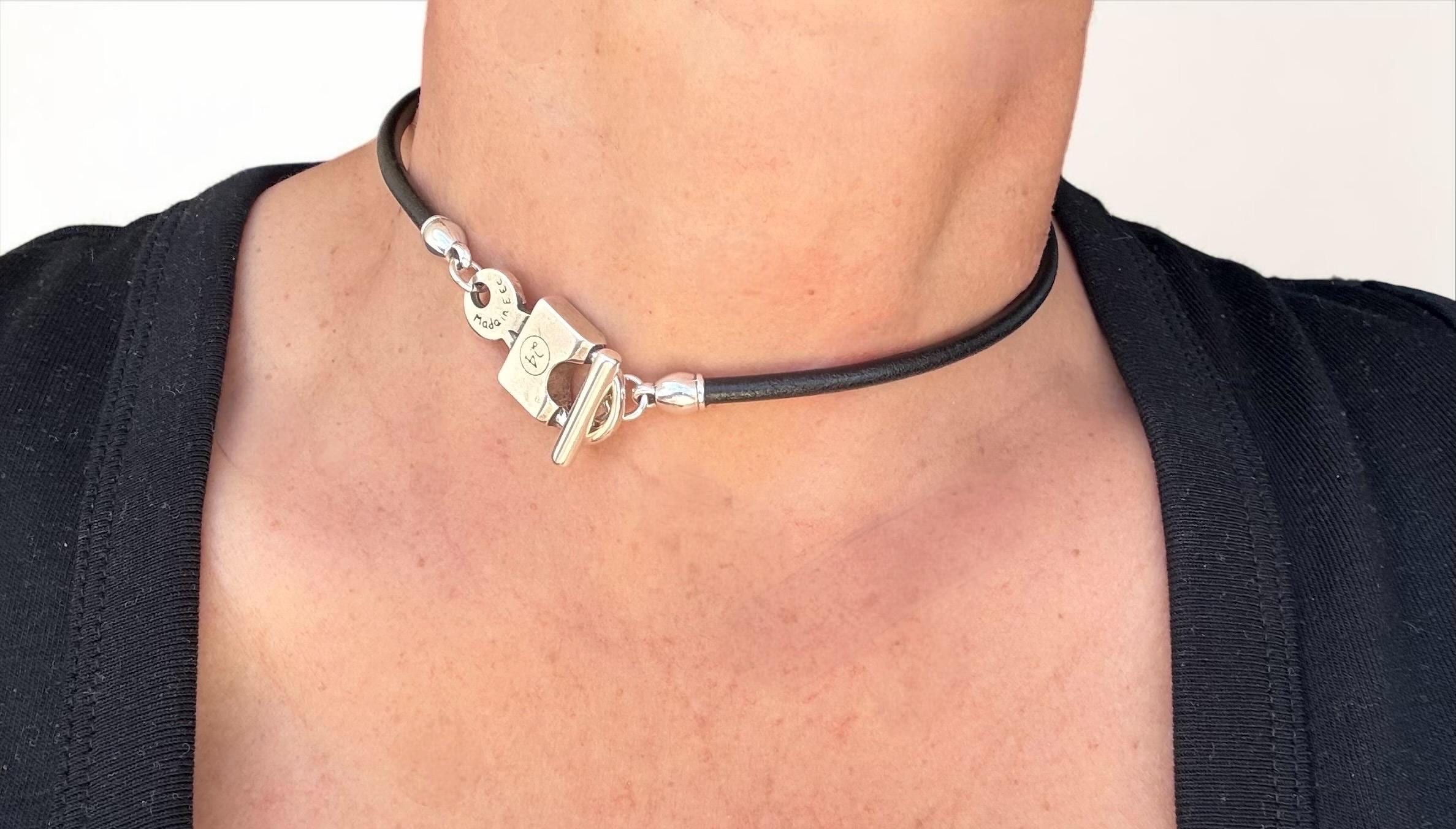 Handmade Leather Choker Necklace, Padlock Toggle Clasp, Rock Boho Style