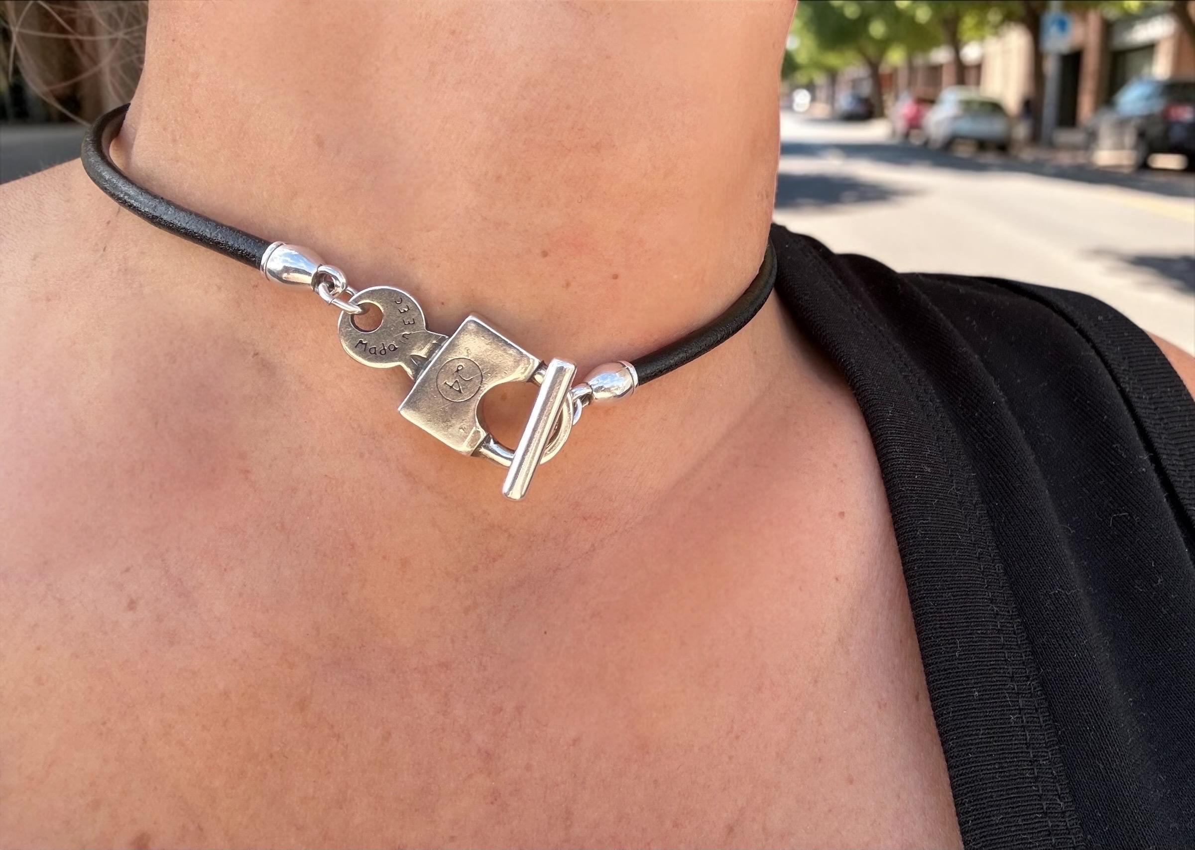Handmade Leather Choker Necklace, Padlock Toggle Clasp, Rock Boho Style