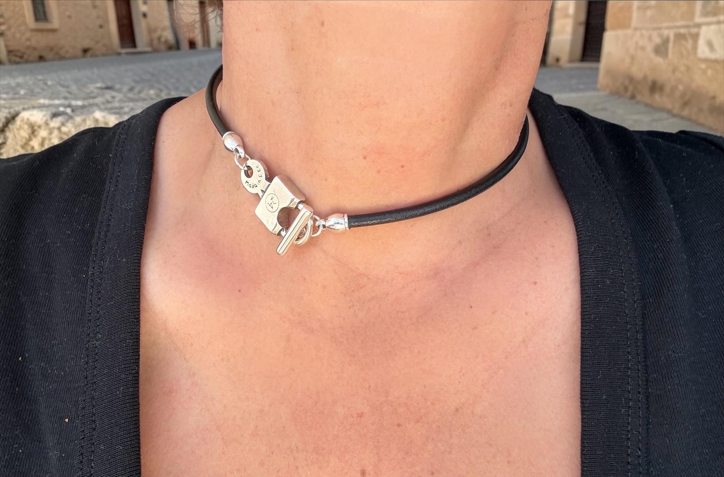 Handmade Leather Choker Necklace, Padlock Toggle Clasp, Rock Boho Style