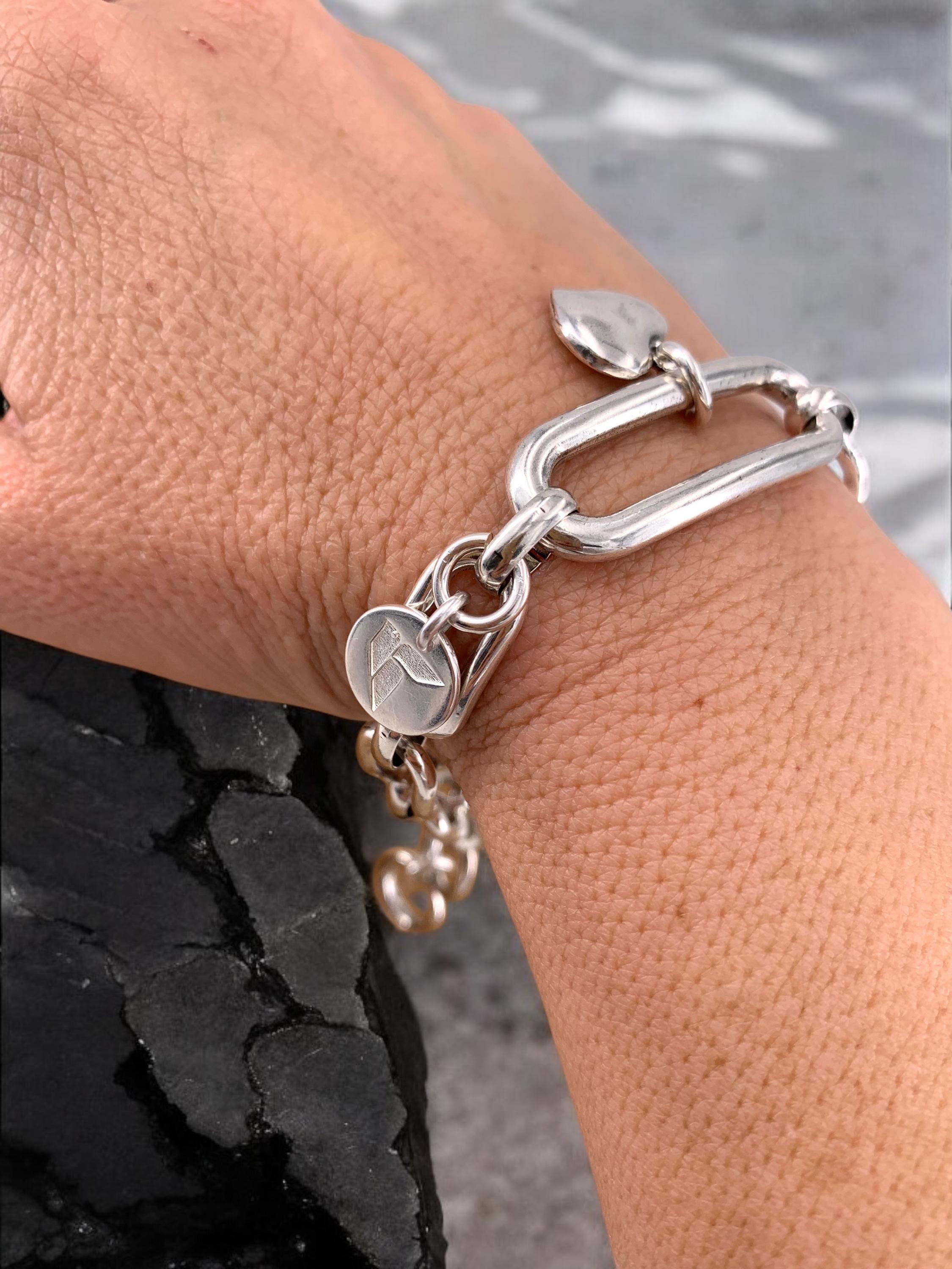 Handmade silver plated chunky chain bracelet with big links toggle clasp and heart charm
