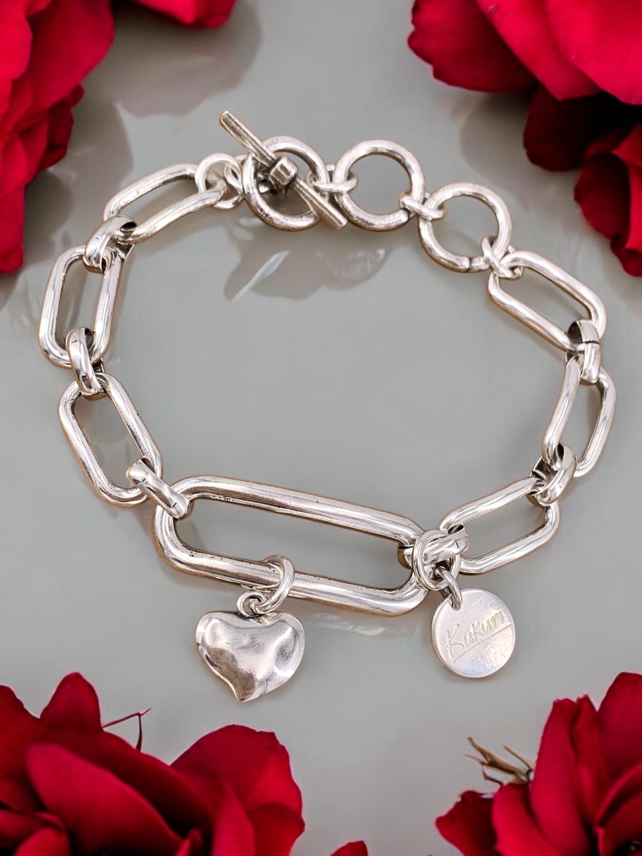Handmade silver plated chunky chain bracelet with big links toggle clasp and heart charm