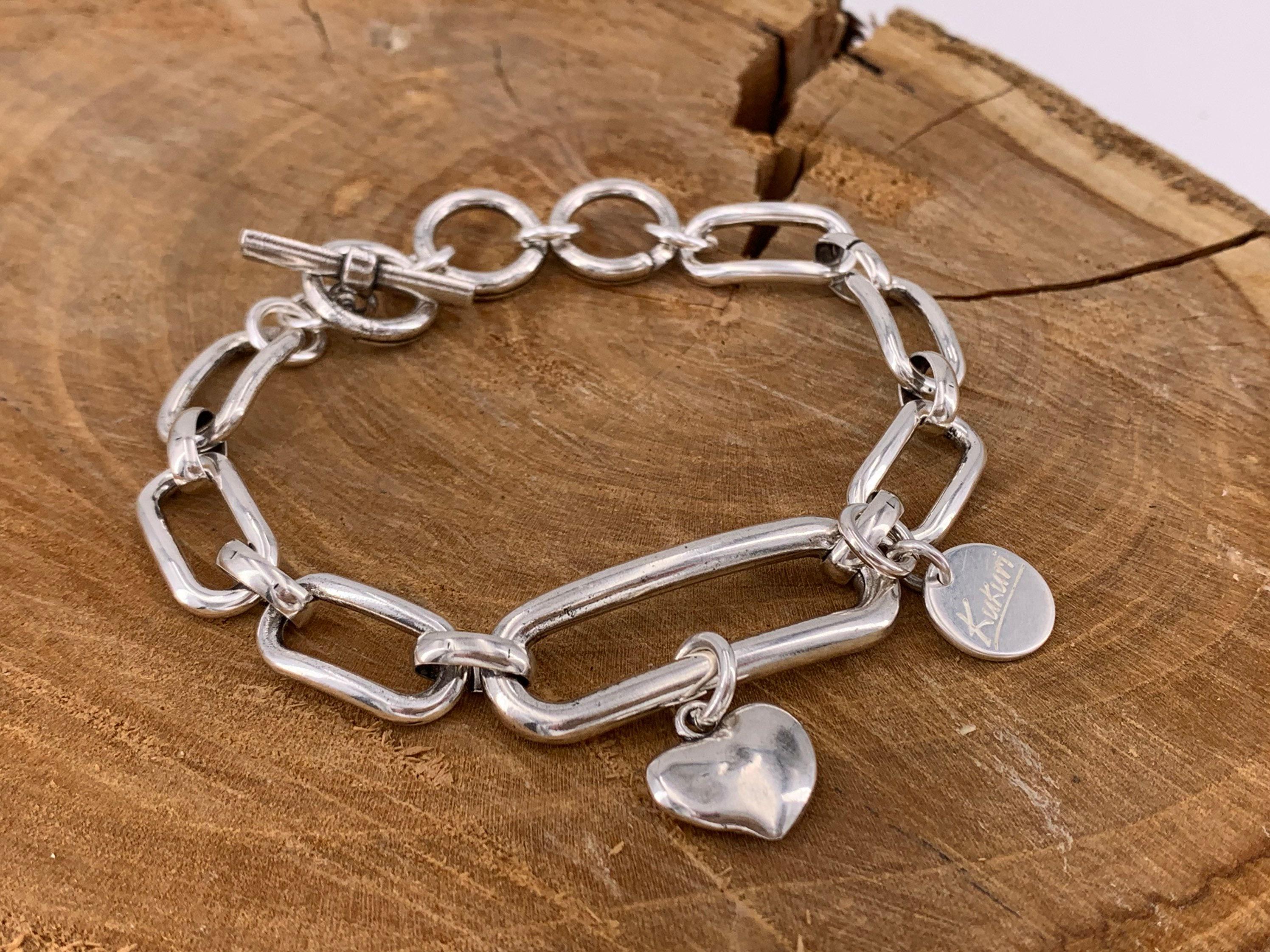 Handmade silver plated chunky chain bracelet with big links toggle clasp and heart charm