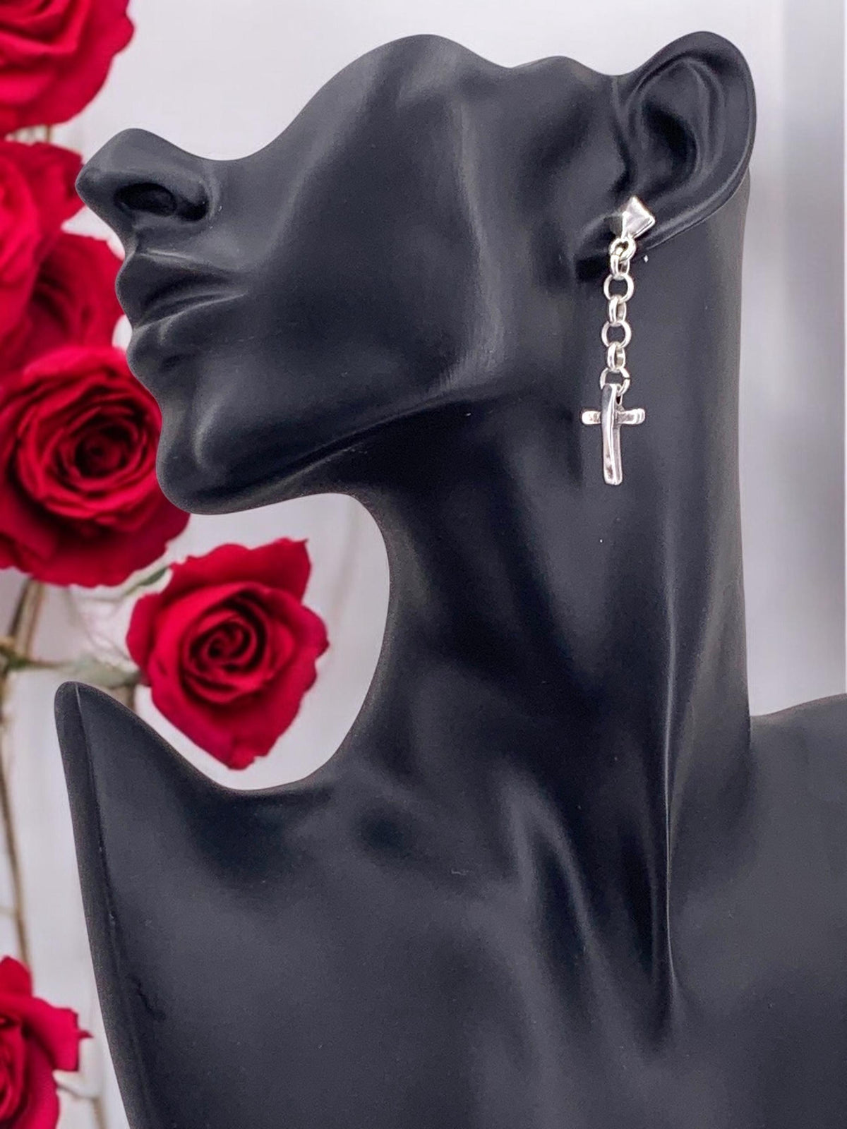 Long silver chain and cross pendant earrings – bold dangle design – handmade statement jewelry