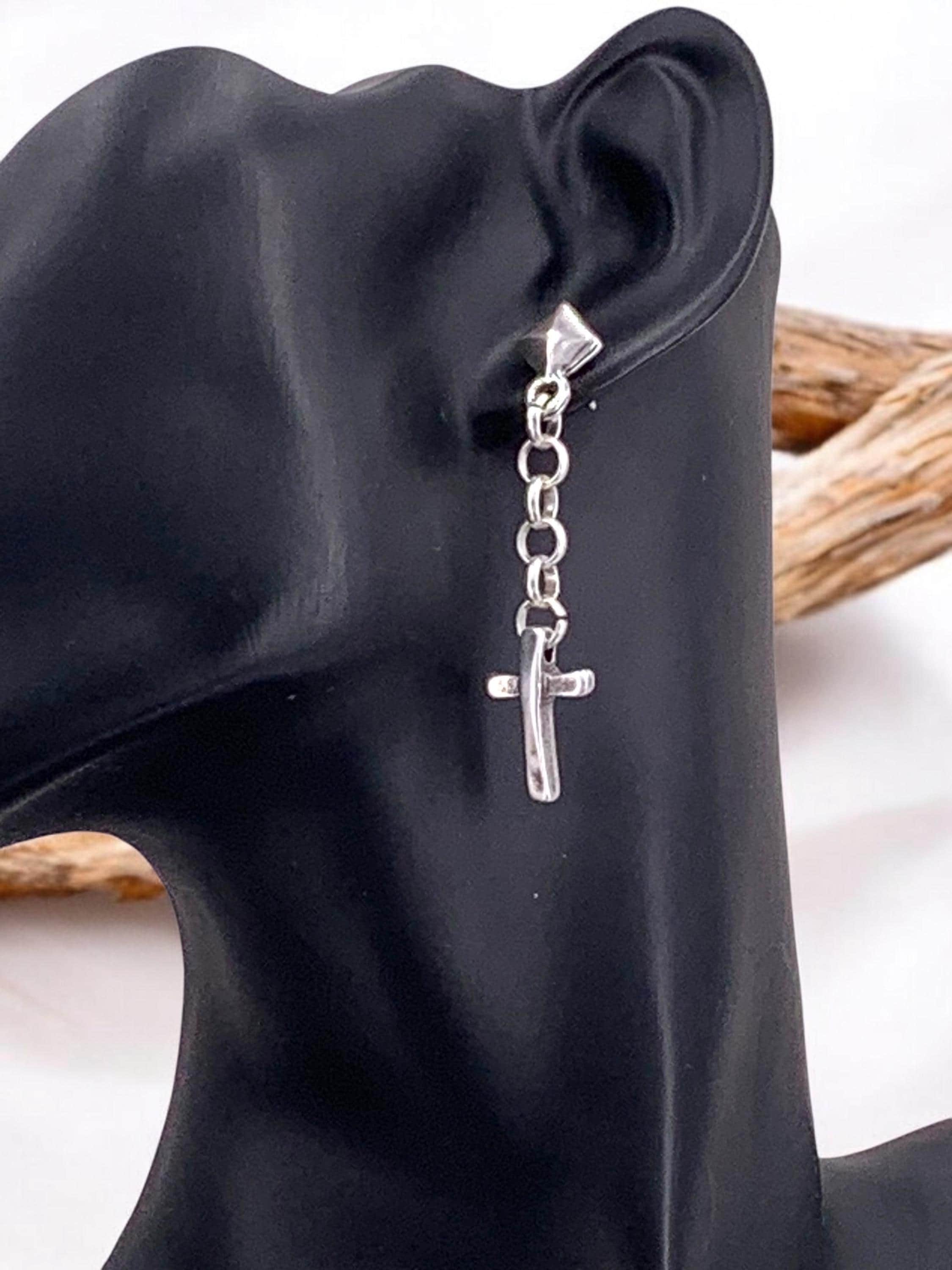 Long silver chain and cross pendant earrings – bold dangle design – handmade statement jewelry