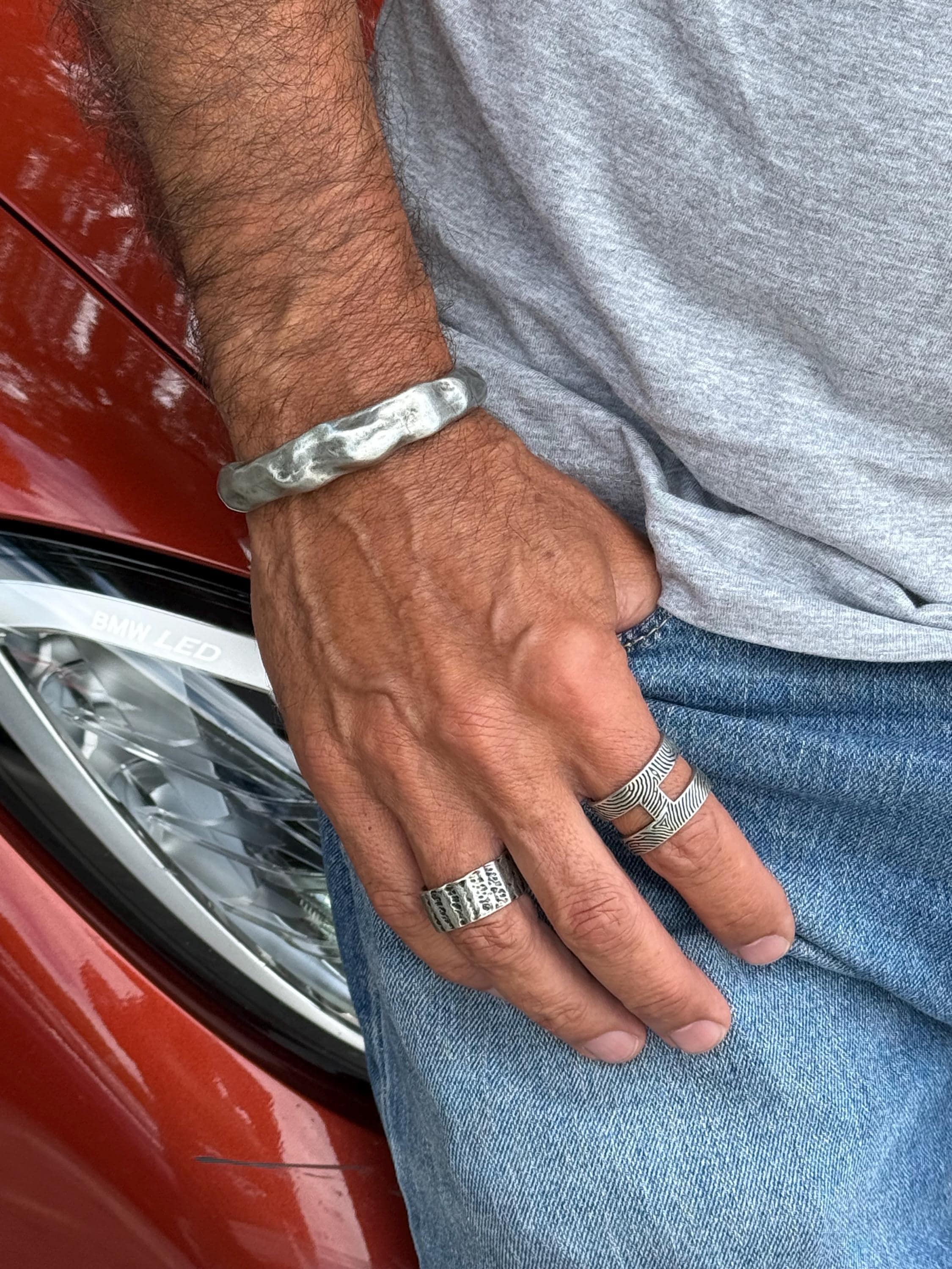 Chunky hammered unisex silver open cuff, vintage bold rock style, adjustable bangle, handmade jewelry