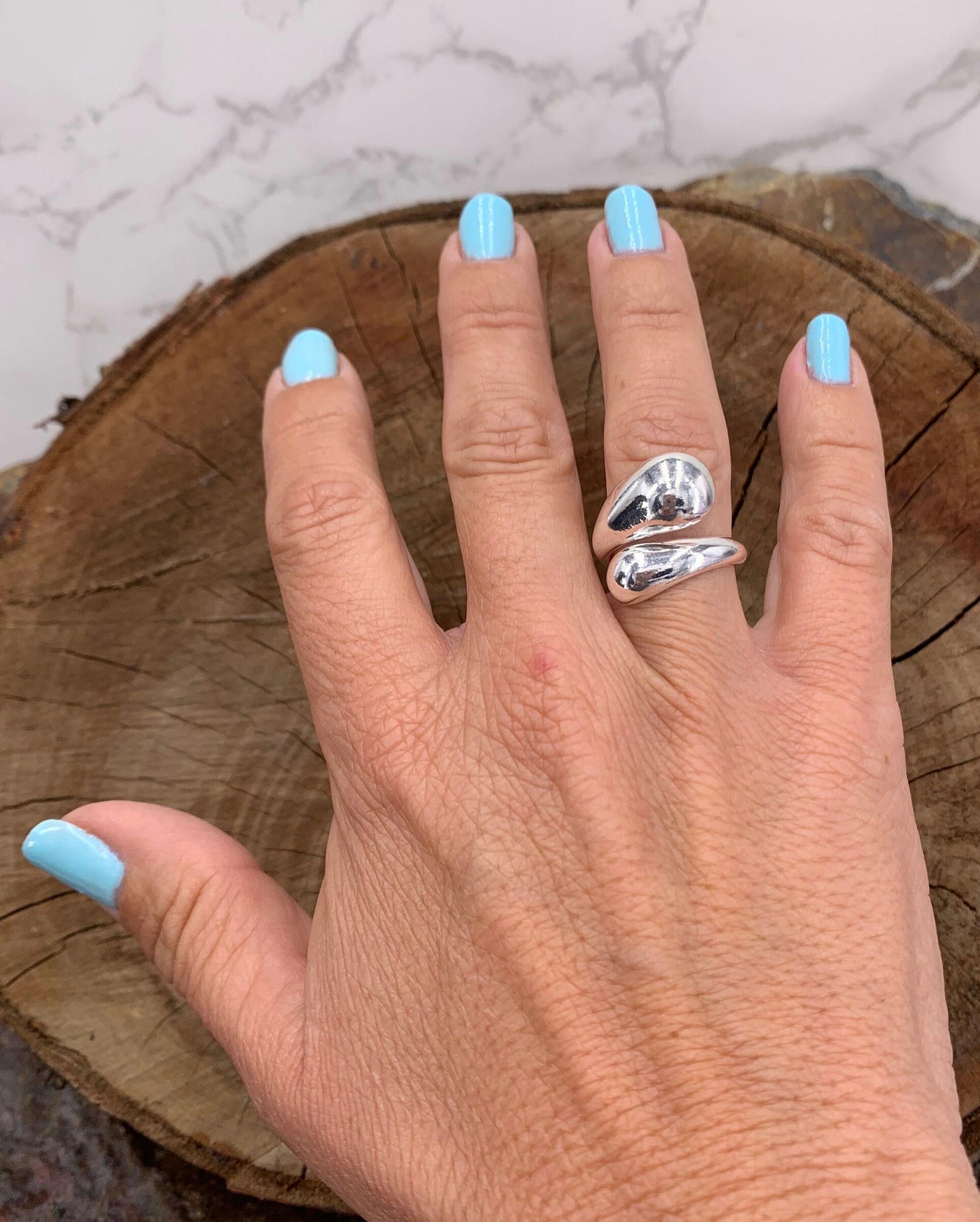 Chunky silver dome water drop ring, adjustable open band, statement jewelry