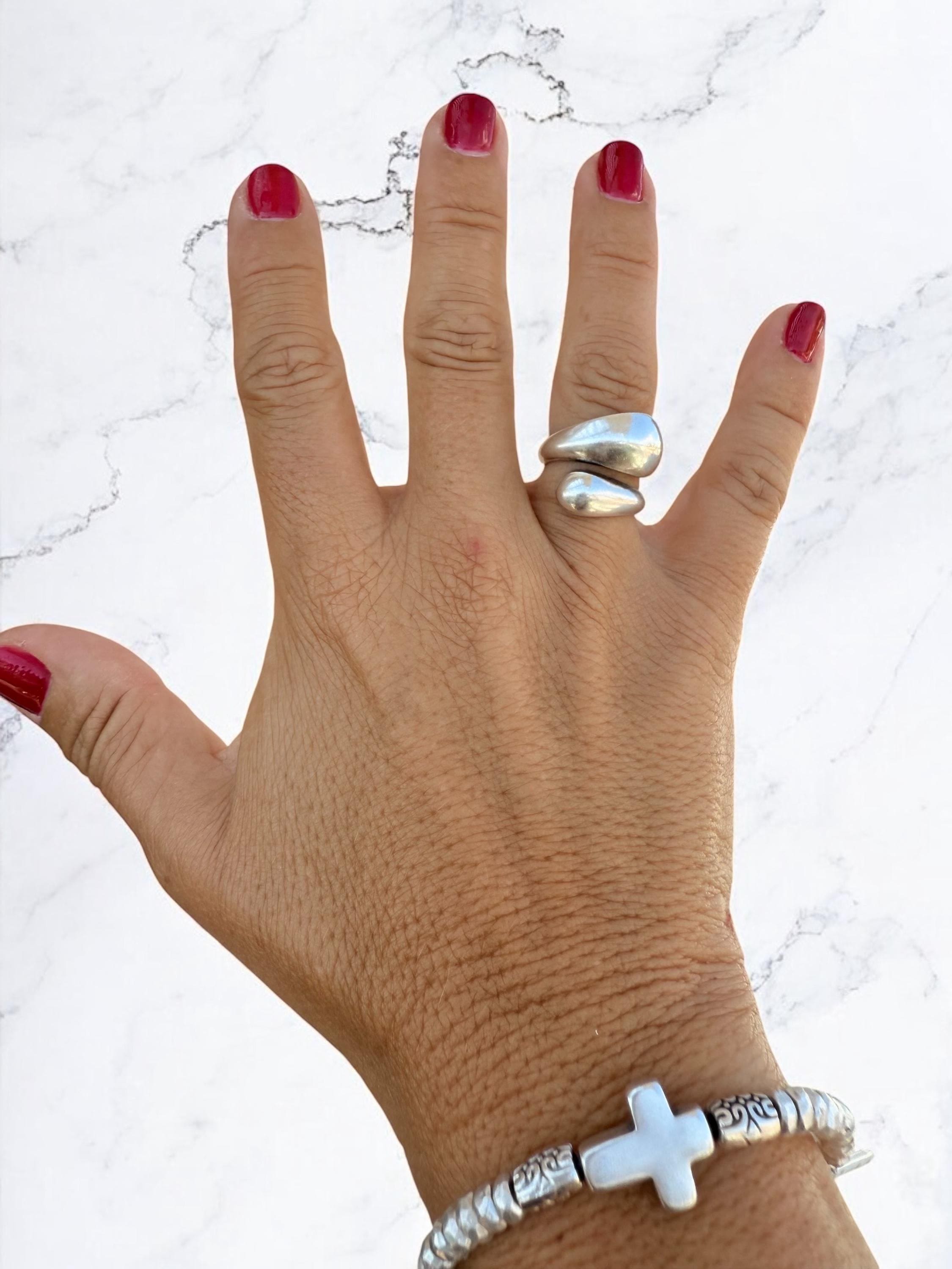 Chunky silver dome water drop ring, adjustable open band, statement jewelry