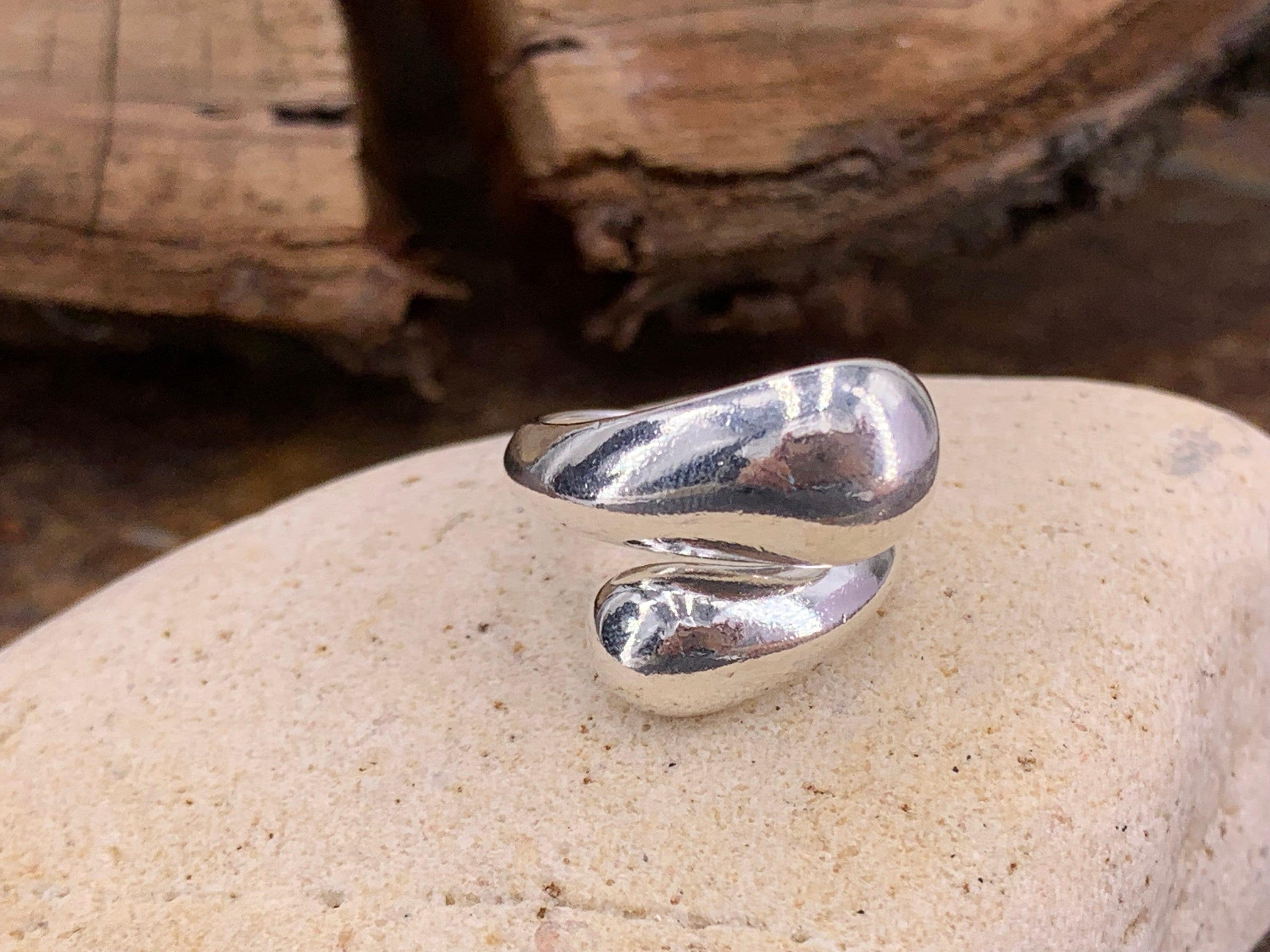 Chunky silver dome water drop ring, adjustable open band, statement jewelry