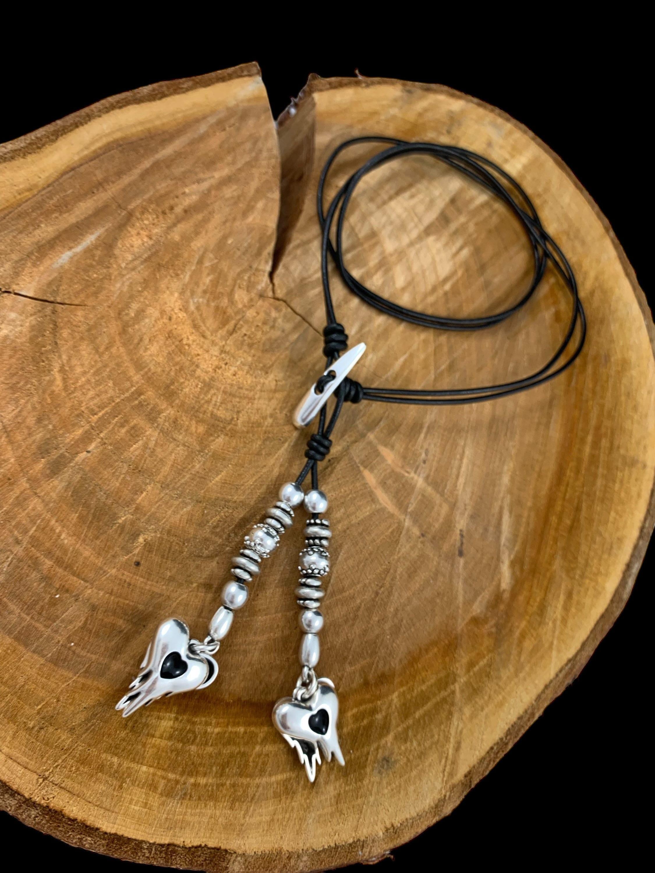 Bohemian leather lariat necklace – dangle silver heart charms – adjustable y necklace – layering statement jewelry - ethic tribal tie choker