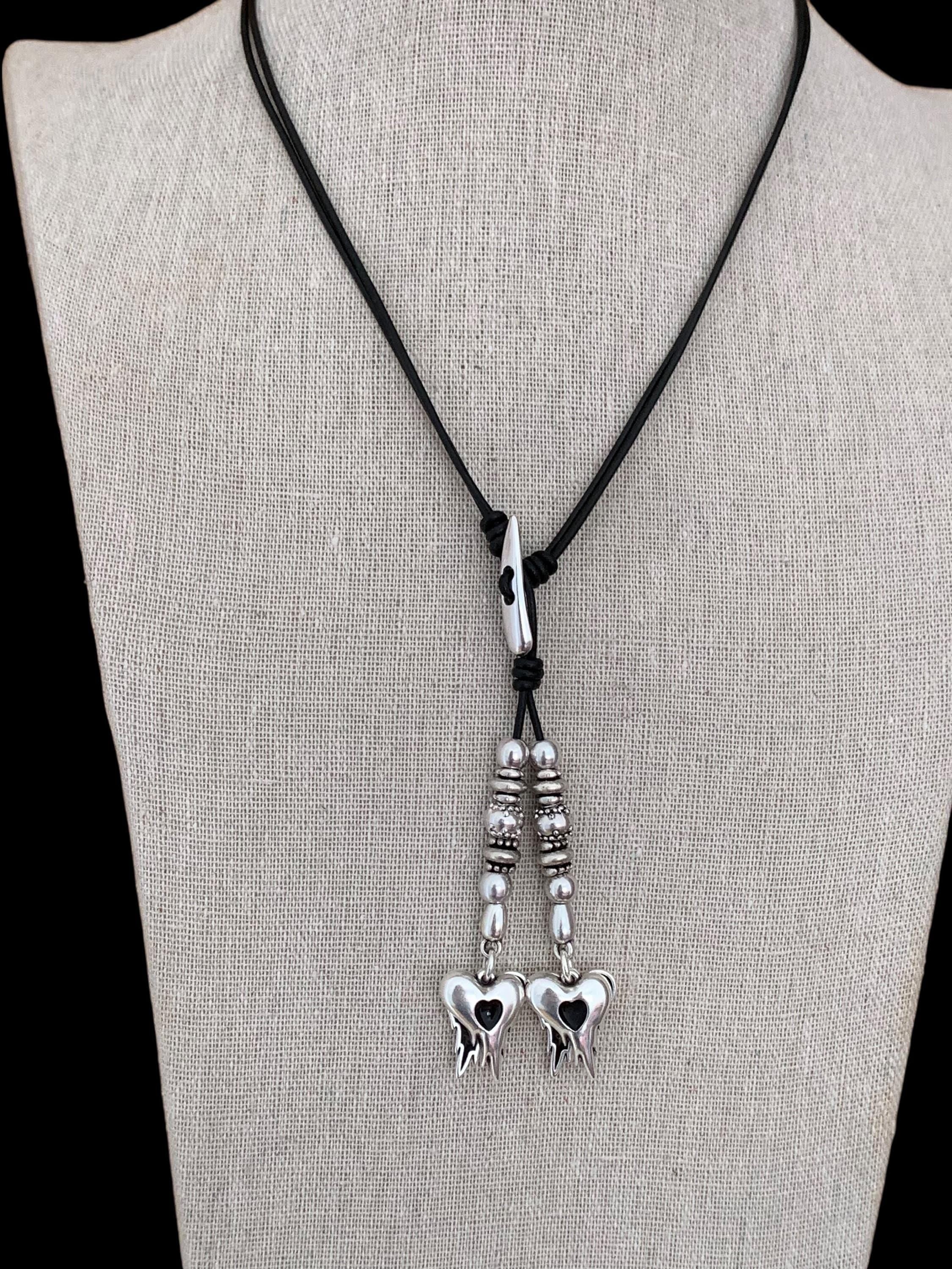 Bohemian leather lariat necklace – dangle silver heart charms – adjustable y necklace – layering statement jewelry - ethic tribal tie choker