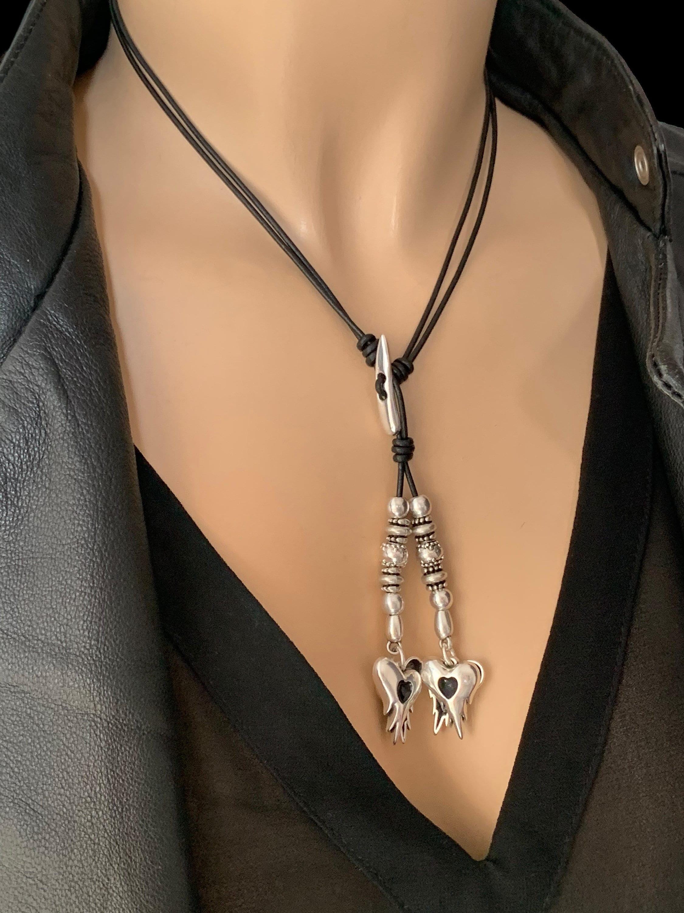 Bohemian leather lariat necklace – dangle silver heart charms – adjustable y necklace – layering statement jewelry - ethic tribal tie choker