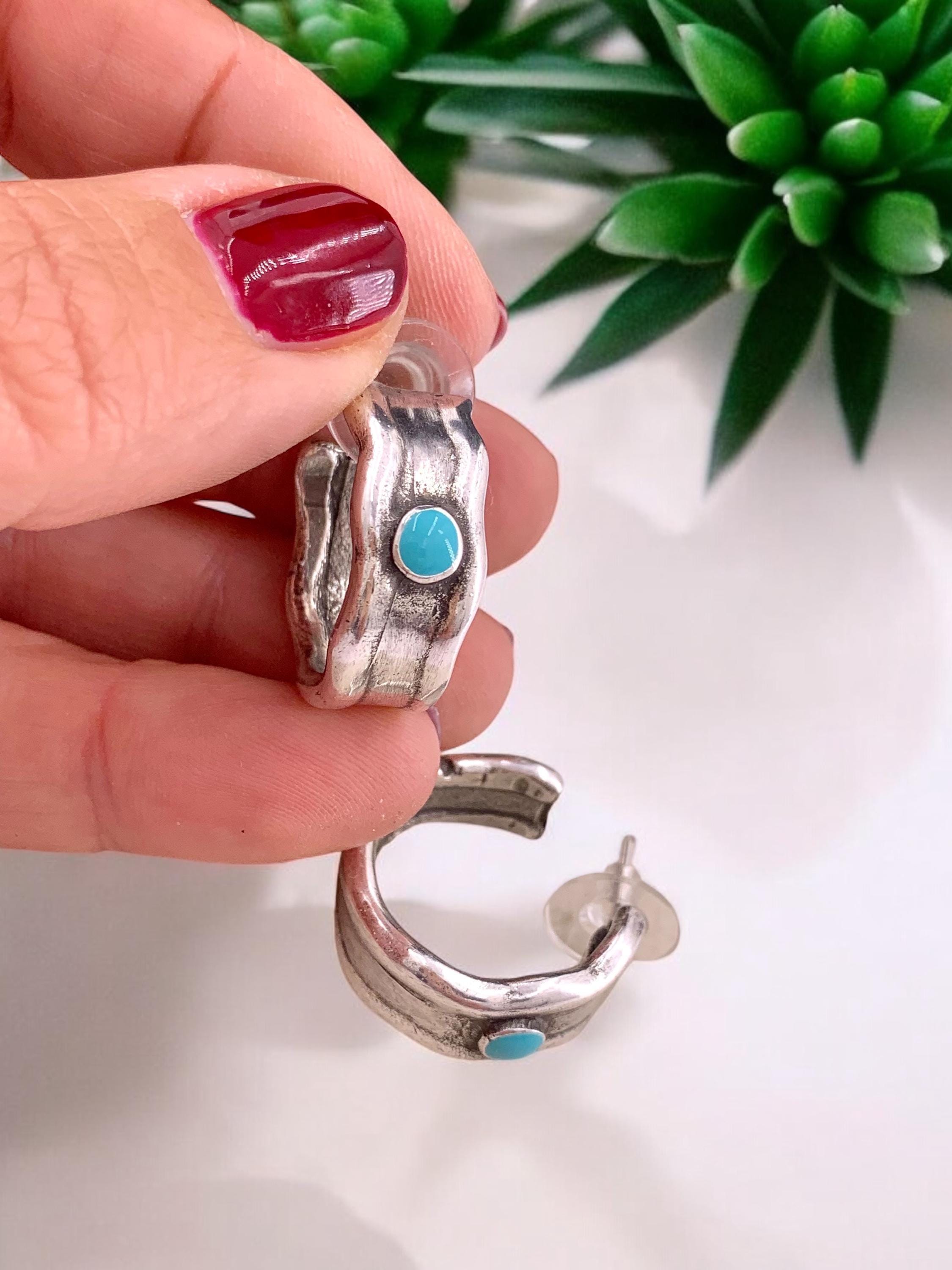 Chunky silver hammered hoops earrings, bohemian bold jewelry