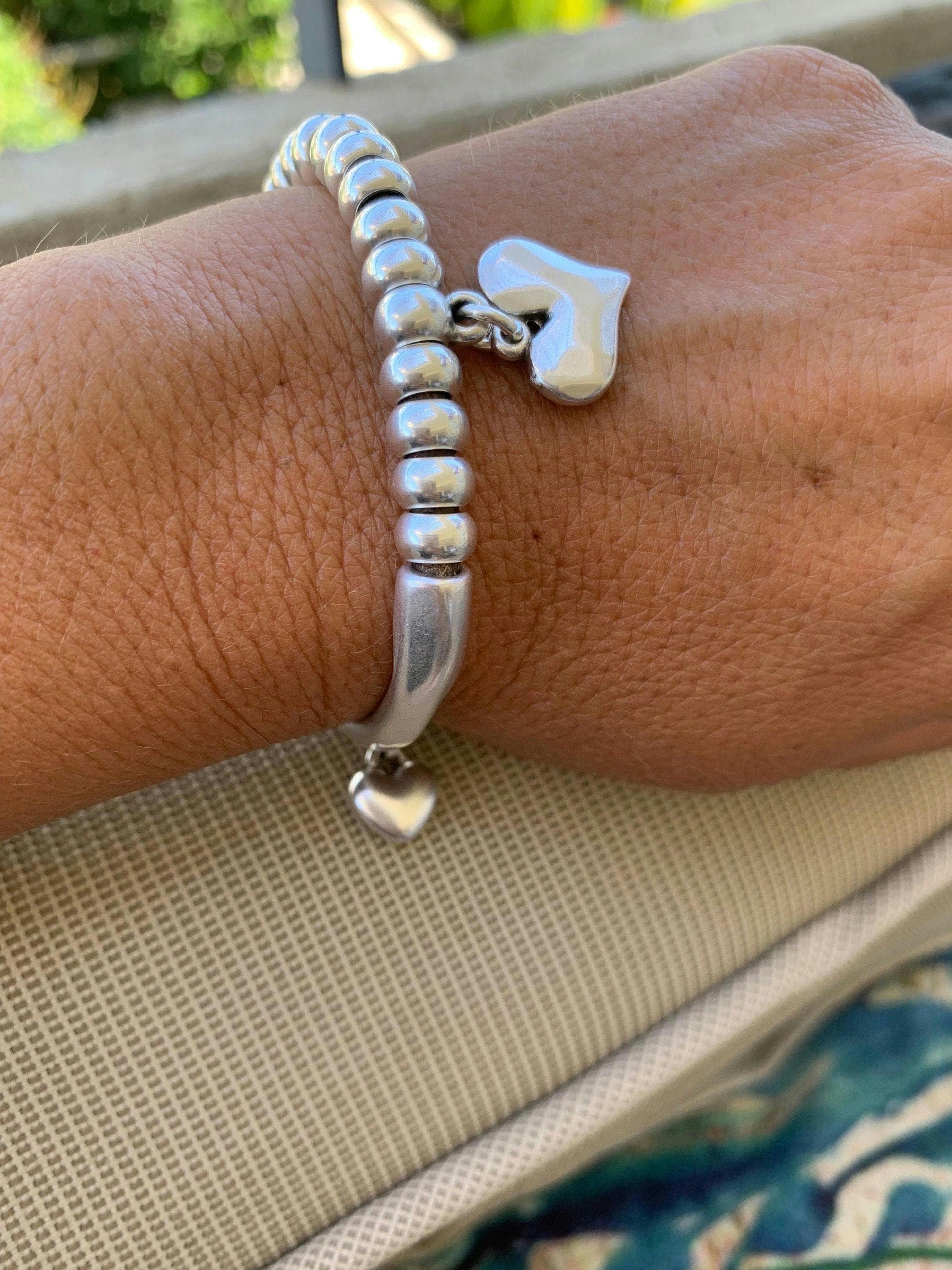 Heart pendant bracelet, silver cuff bracelet, beaded bracelet, bohemian bracelet, chunky silver bracelet, statement silver bracelet, gift