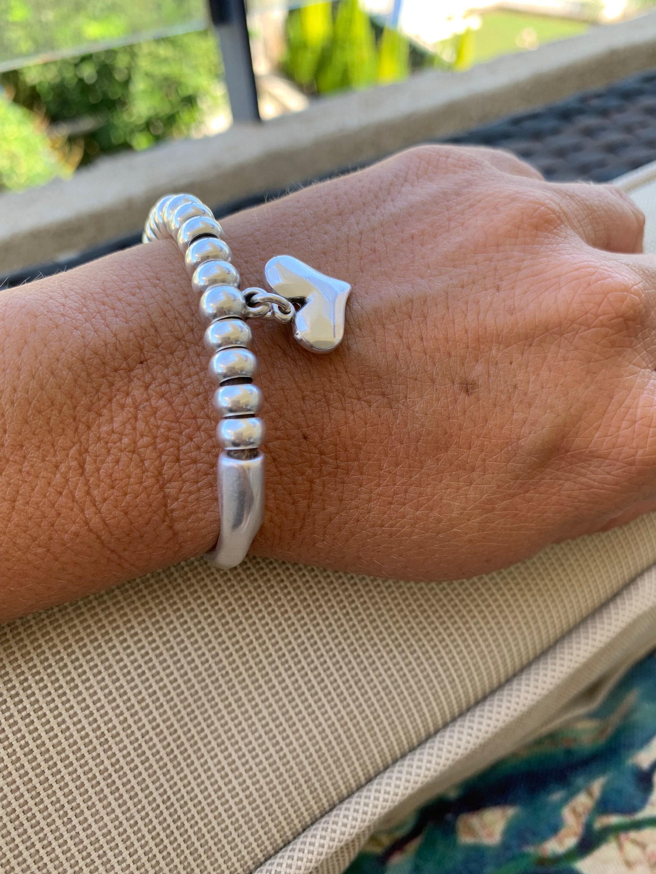 Heart pendant bracelet, silver cuff bracelet, beaded bracelet, bohemian bracelet, chunky silver bracelet, statement silver bracelet, gift