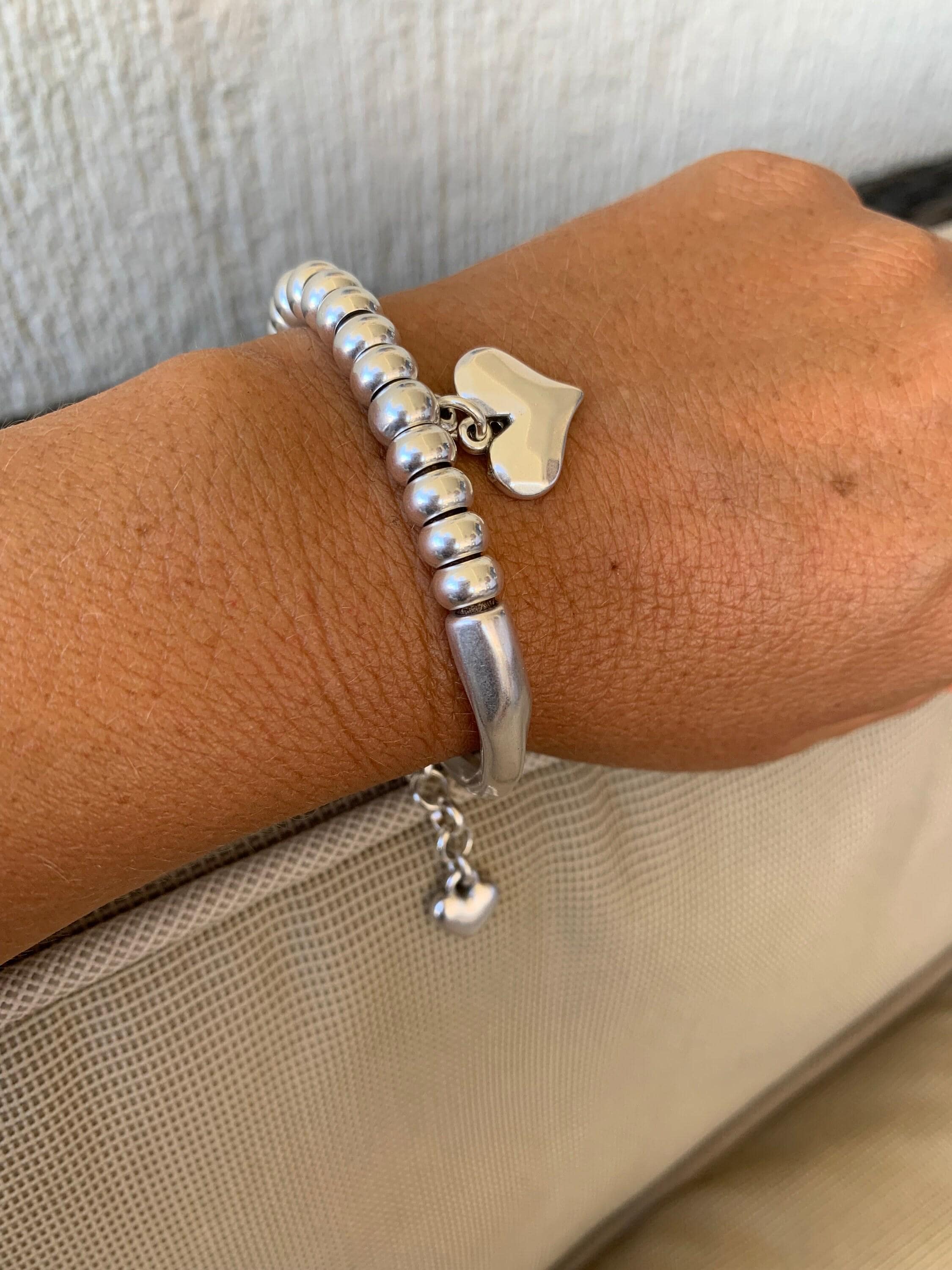 Heart pendant bracelet, silver cuff bracelet, beaded bracelet, bohemian bracelet, chunky silver bracelet, statement silver bracelet, gift