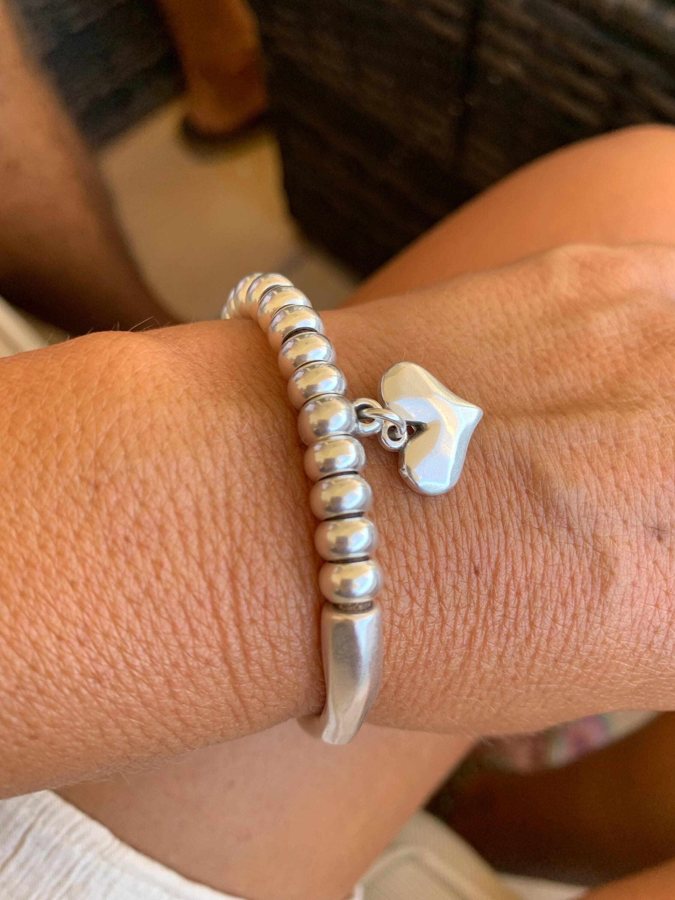 Heart pendant bracelet, silver cuff bracelet, beaded bracelet, bohemian bracelet, chunky silver bracelet, statement silver bracelet, gift