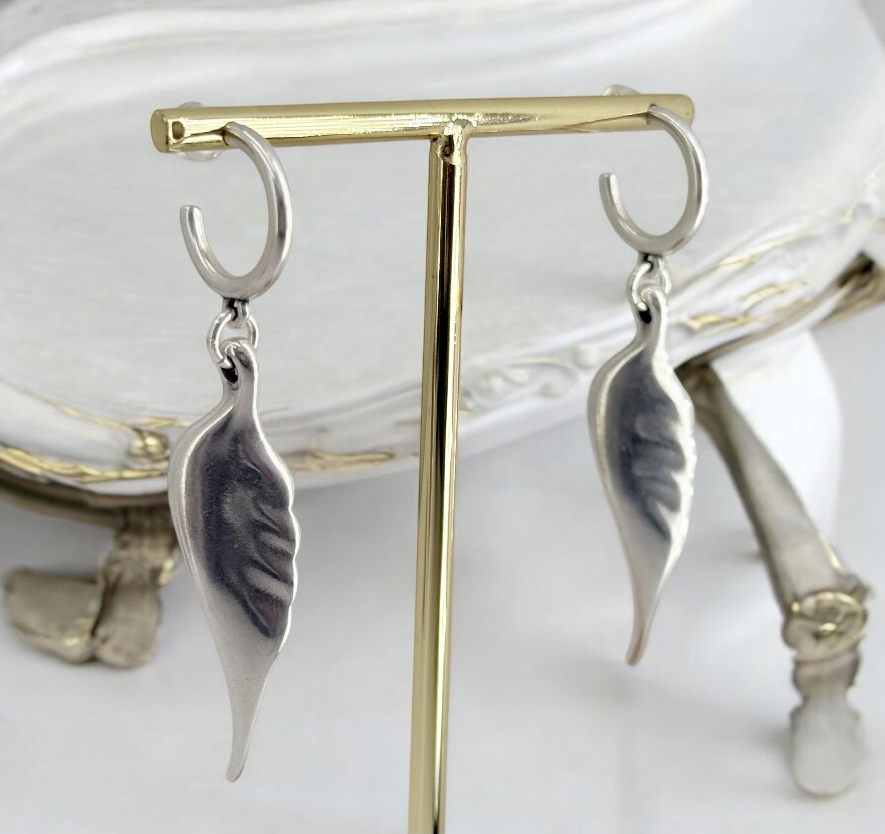 Boho earrings with large angel wings pendant, sillver plated long dangling hoops