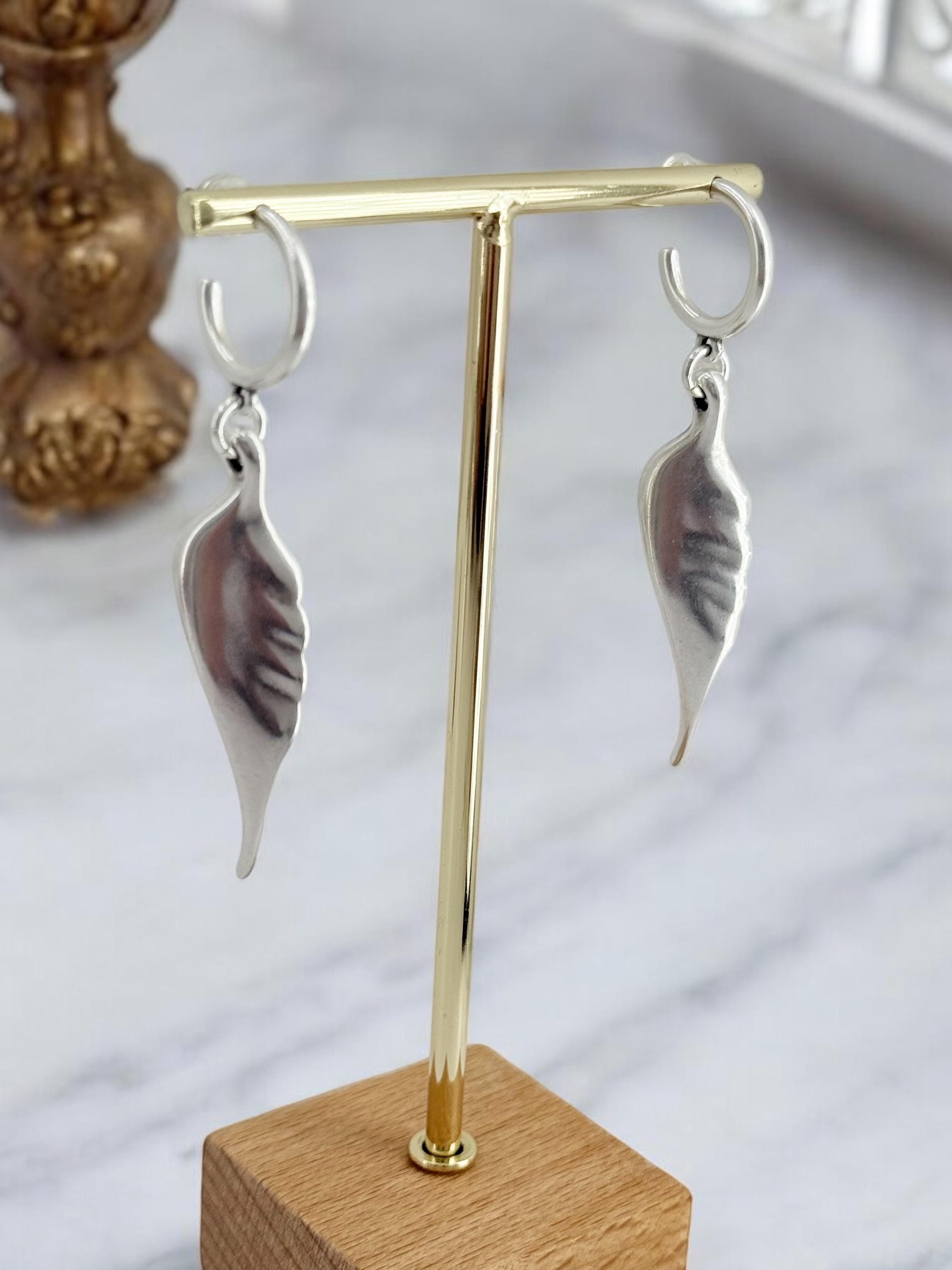 Boho earrings with large angel wings pendant, sillver plated long dangling hoops