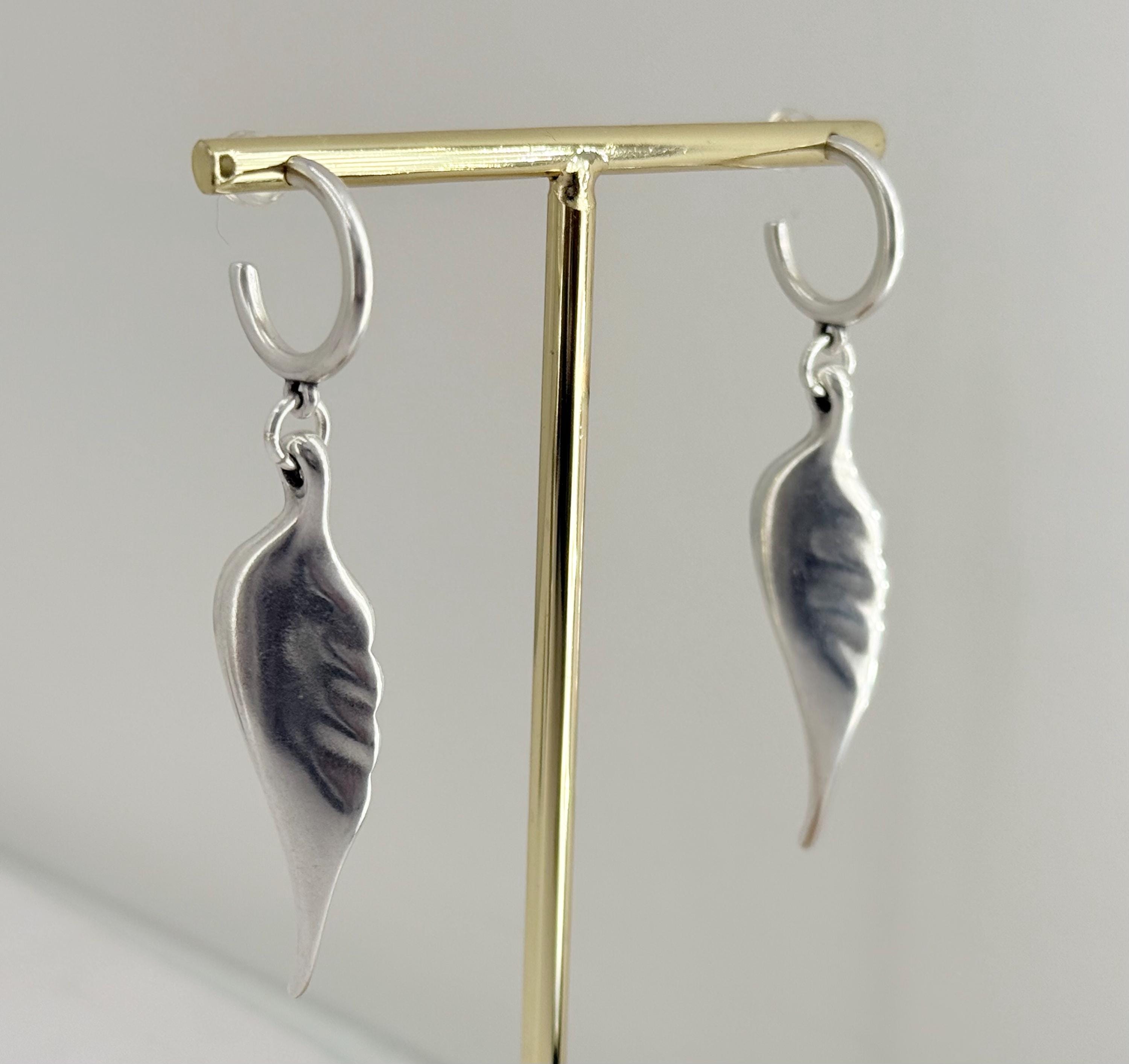 Boho earrings with large angel wings pendant, sillver plated long dangling hoops