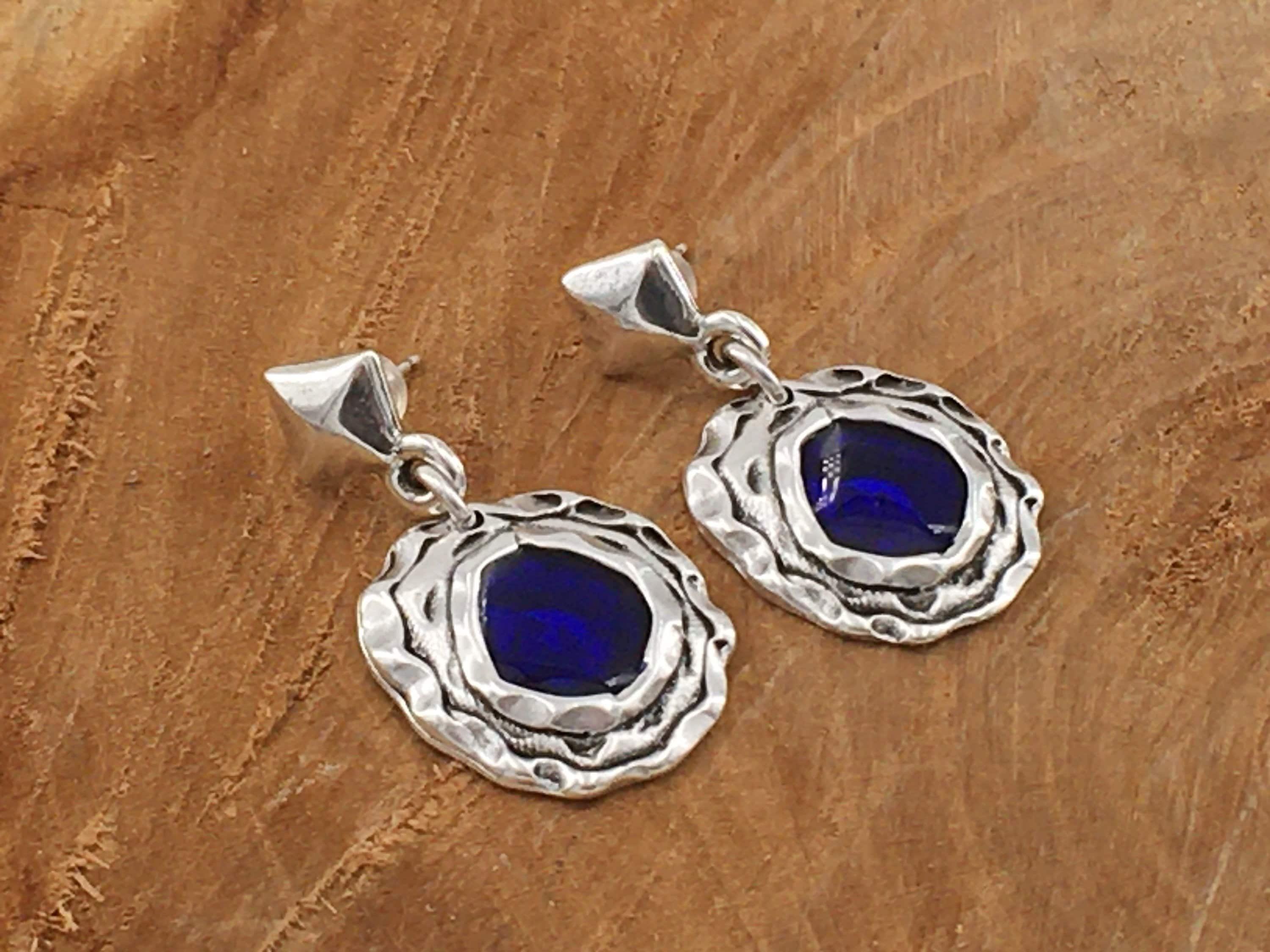 Statement pendant blue earrings- dangling pendant party studs