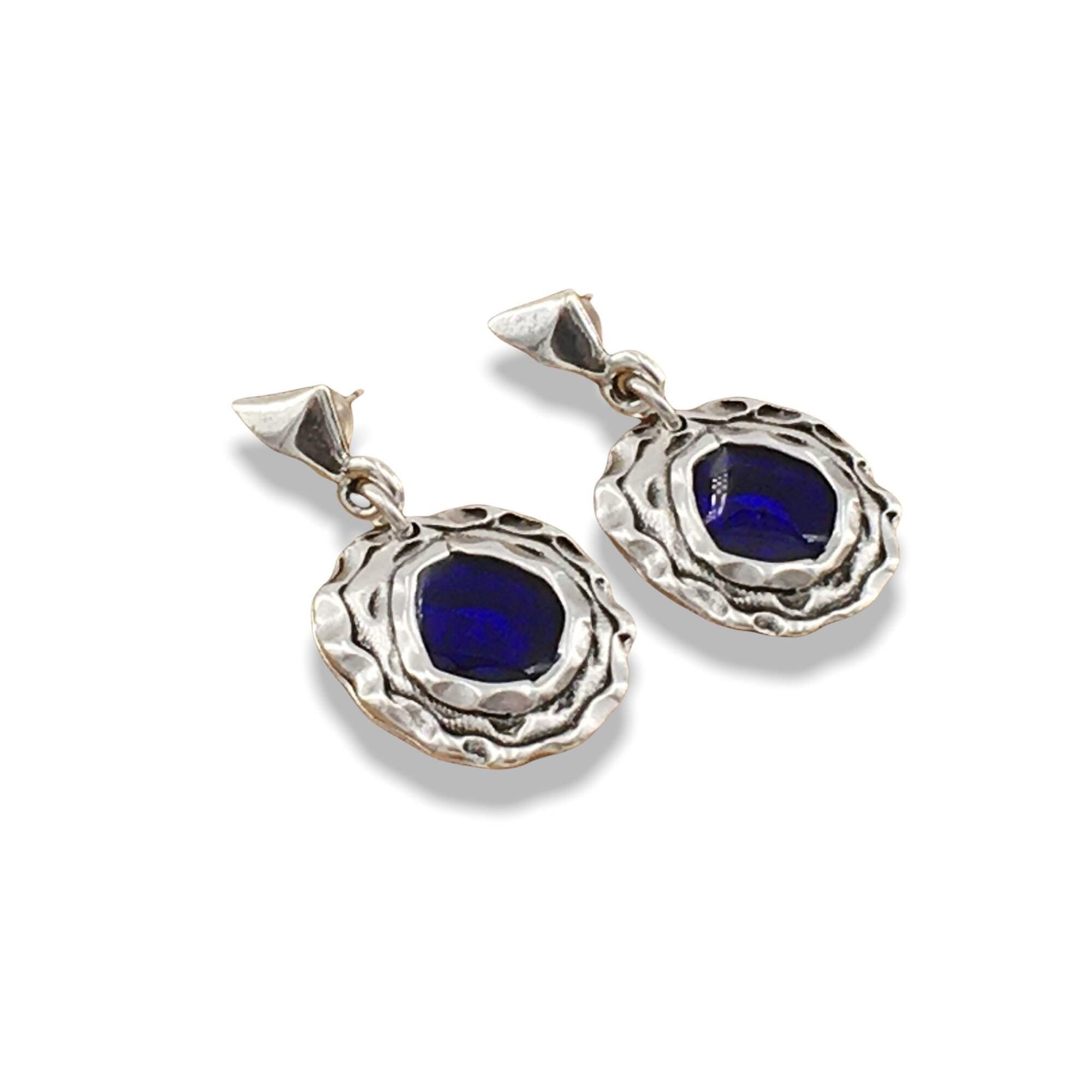 Statement pendant blue earrings- dangling pendant party studs