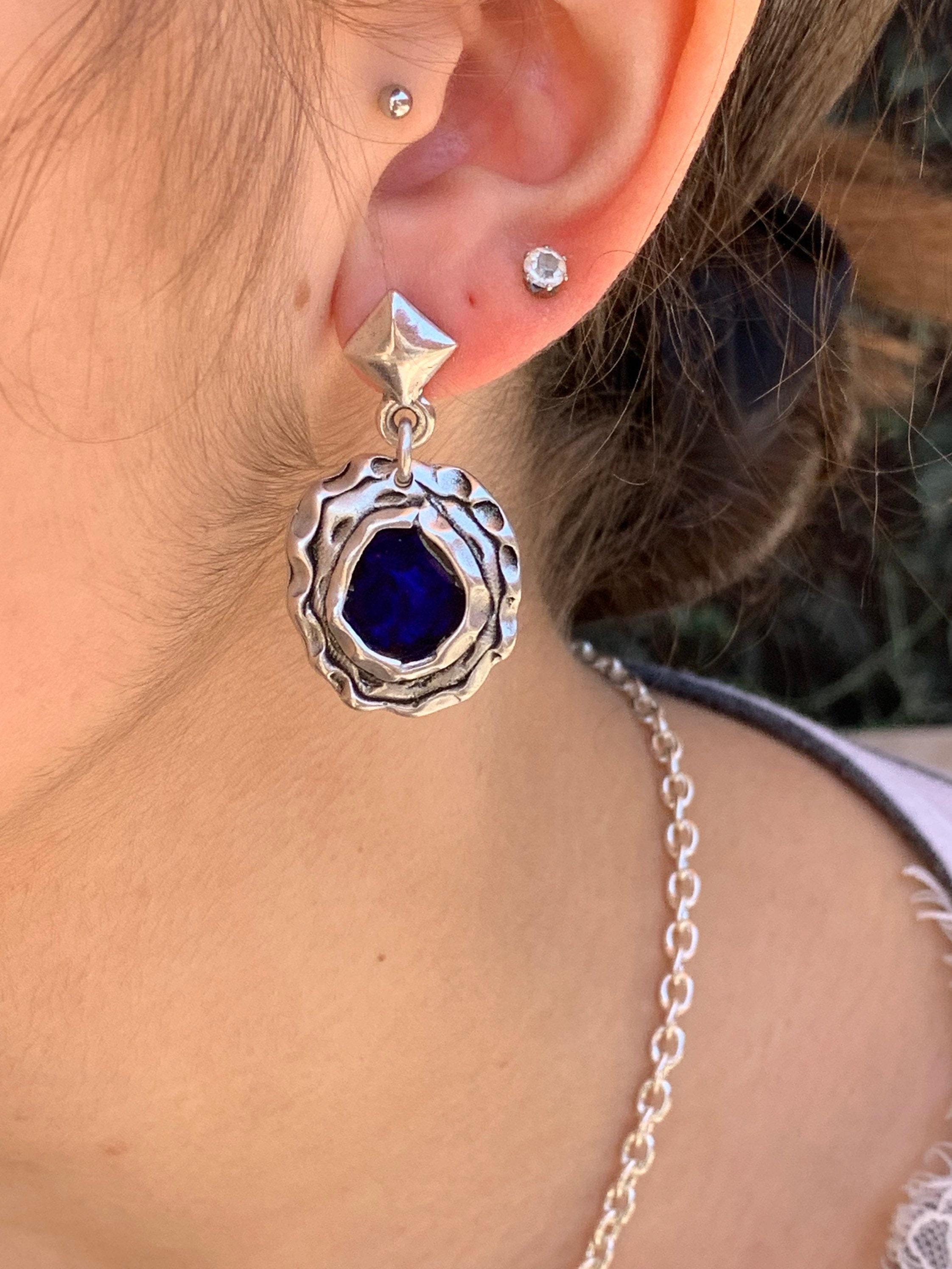 Statement pendant blue earrings- dangling pendant party studs