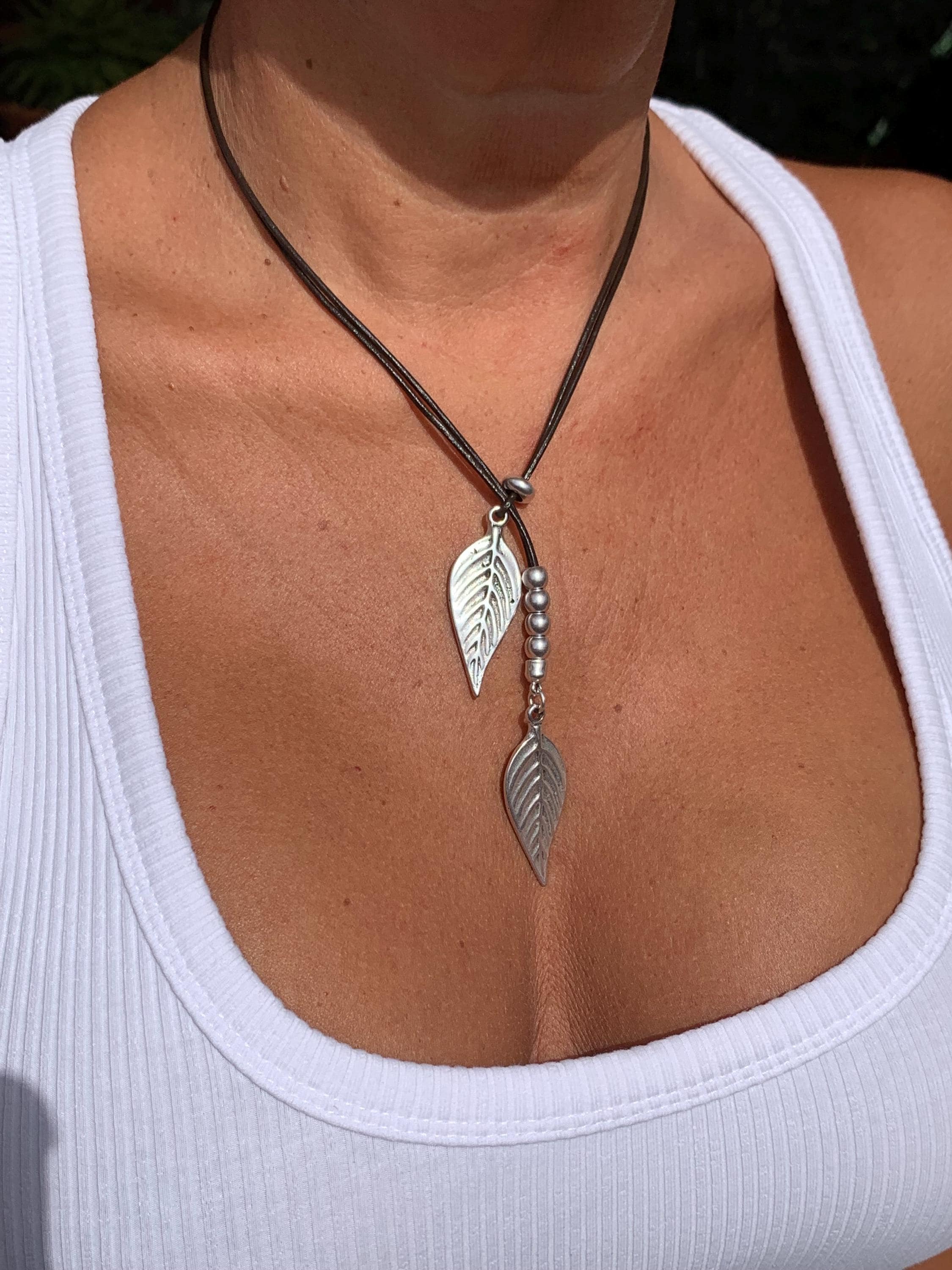 Boho leather y necklace – silver charms & beads – tribal pendant necklace – uno de 50 style - leather jewelry - unique design by kukuri