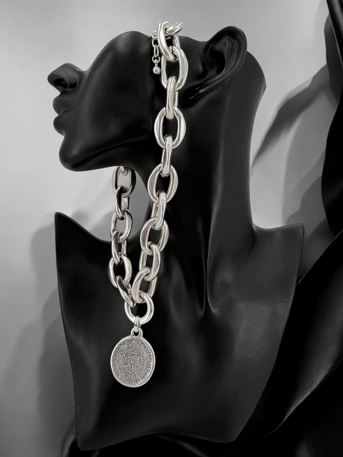 Chunky silver chain symbol coin pendant necklace – bold statement choker– customized jewelry