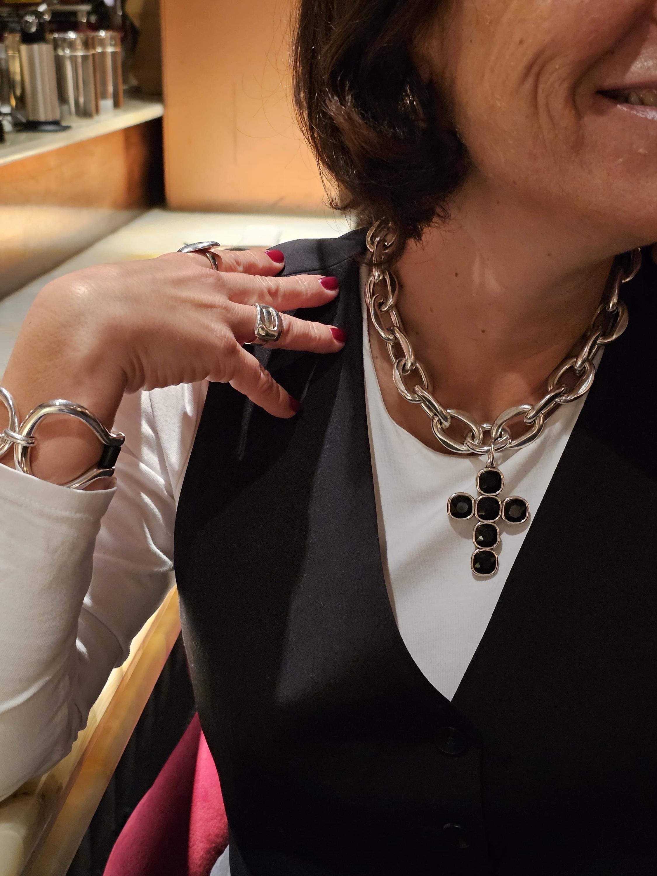 Chunky silver chain lightweight necklace with black swarovski crystal cross – bold rock style statement jewelry