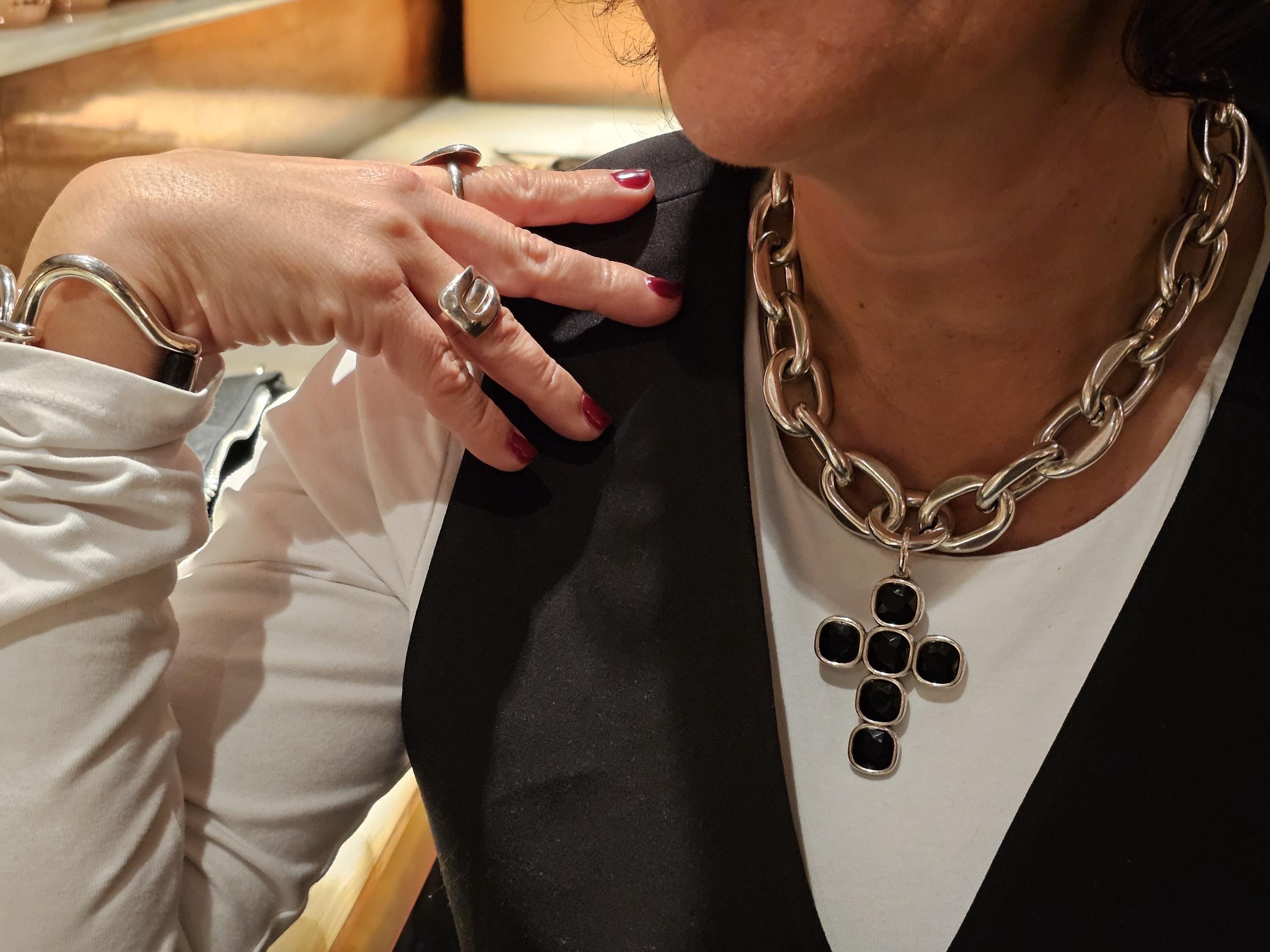 Chunky silver chain lightweight necklace with black swarovski crystal cross – bold rock style statement jewelry