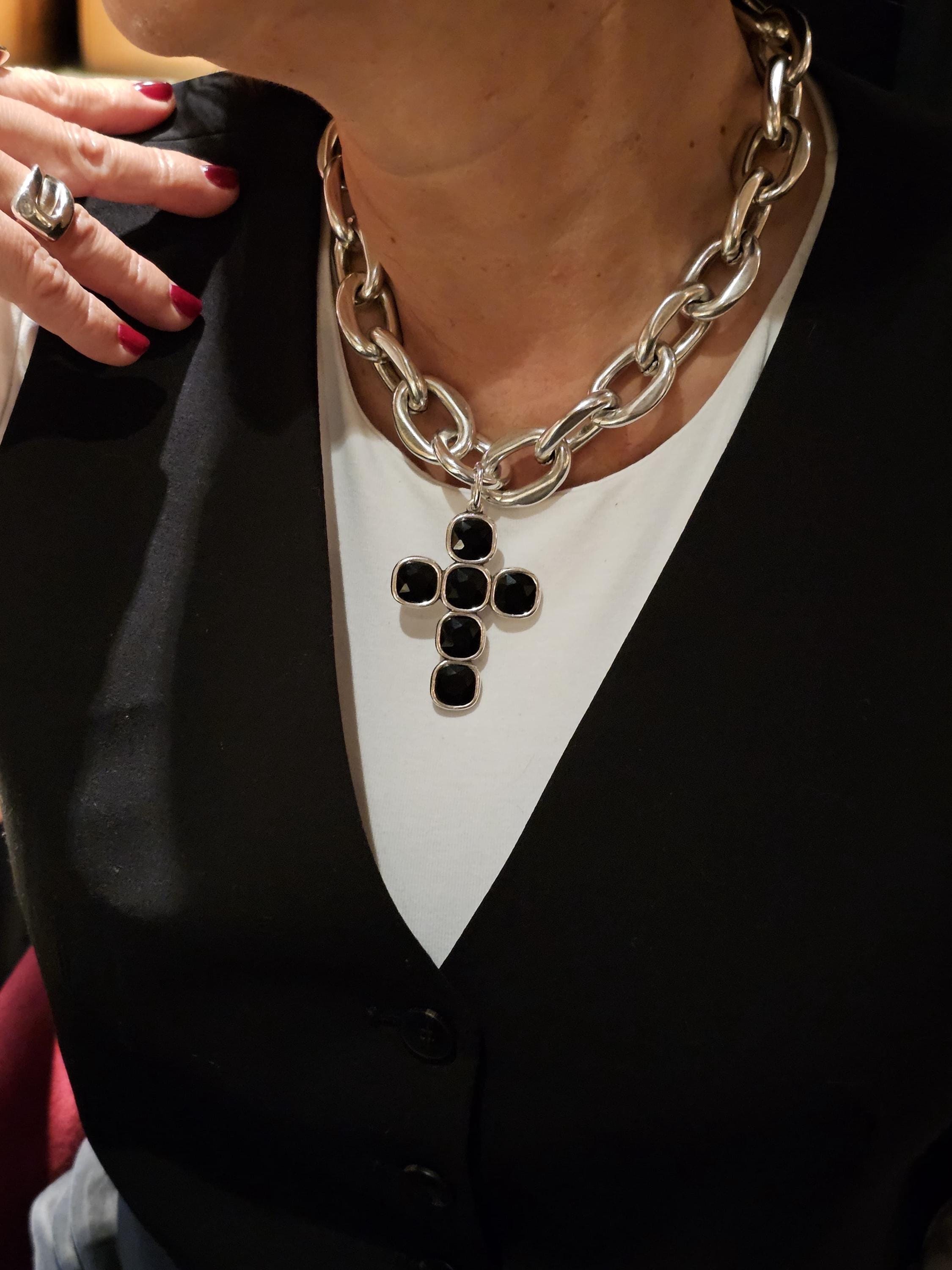 Chunky silver chain lightweight necklace with black swarovski crystal cross – bold rock style statement jewelry