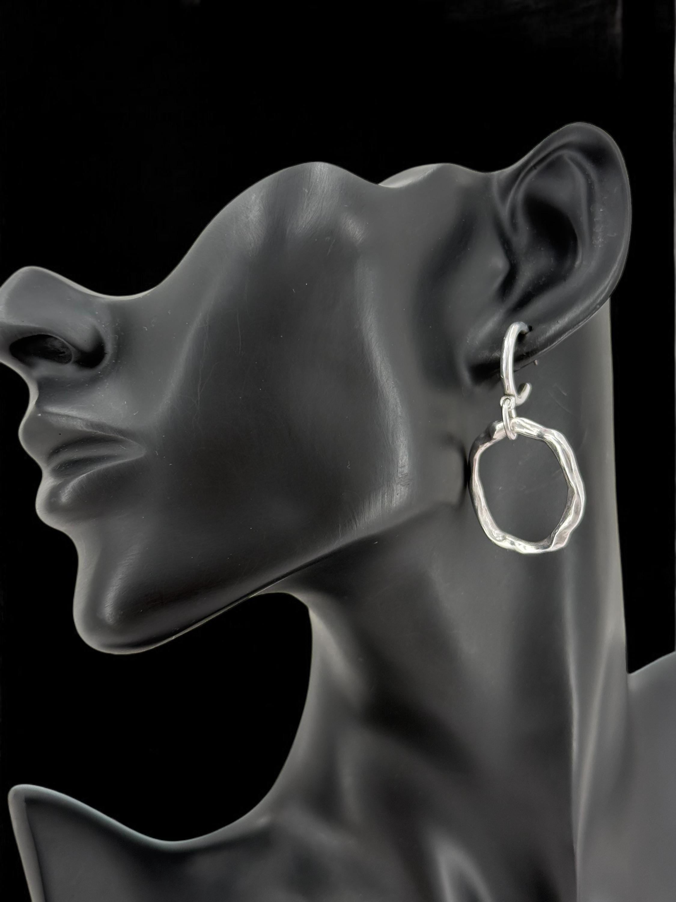 Dangling circle hoop earrings, chunky silver pendant hoop, long disc pendant hoops, rokc style earrings, , gift for women