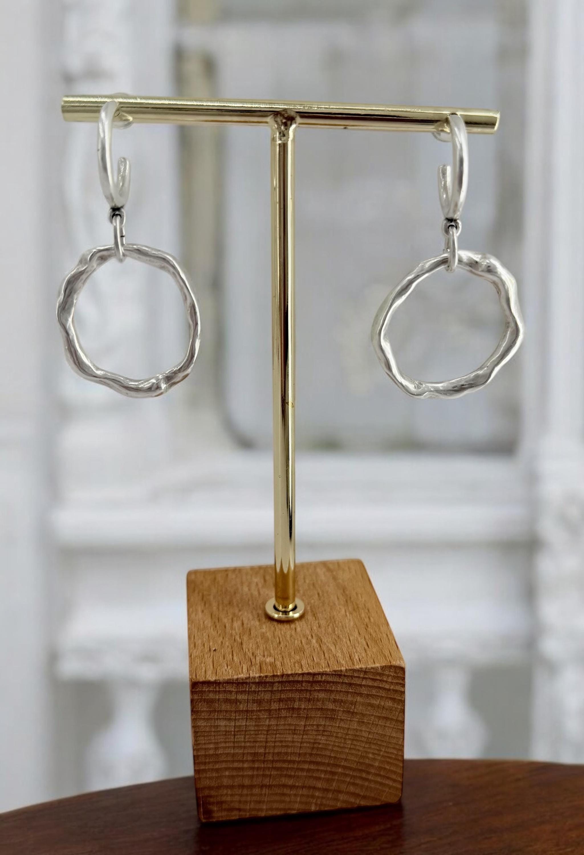 Dangling circle hoop earrings, chunky silver pendant hoop, long disc pendant hoops, rokc style earrings, , gift for women