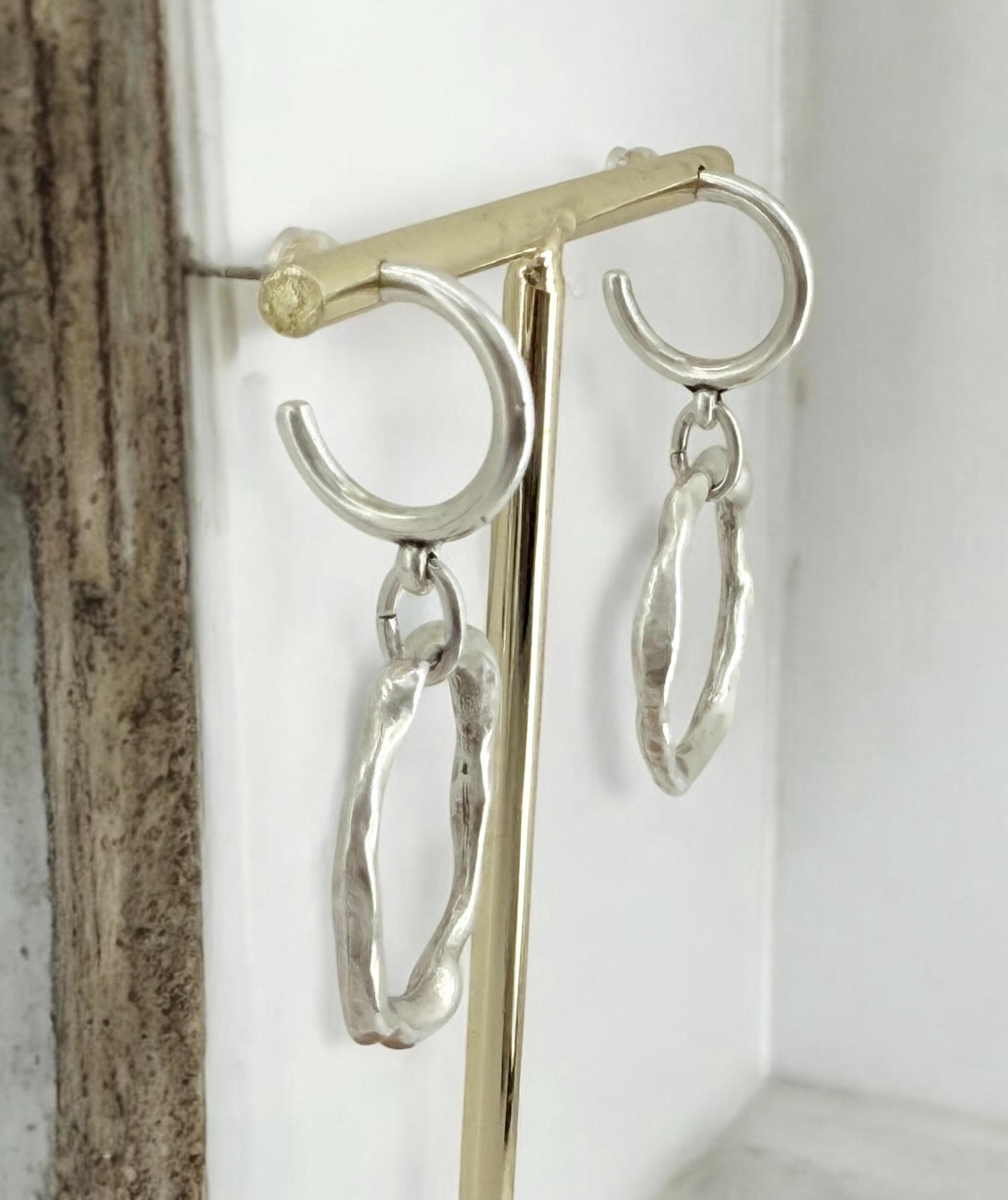 Dangling circle hoop earrings, chunky silver pendant hoop, long disc pendant hoops, rokc style earrings, , gift for women