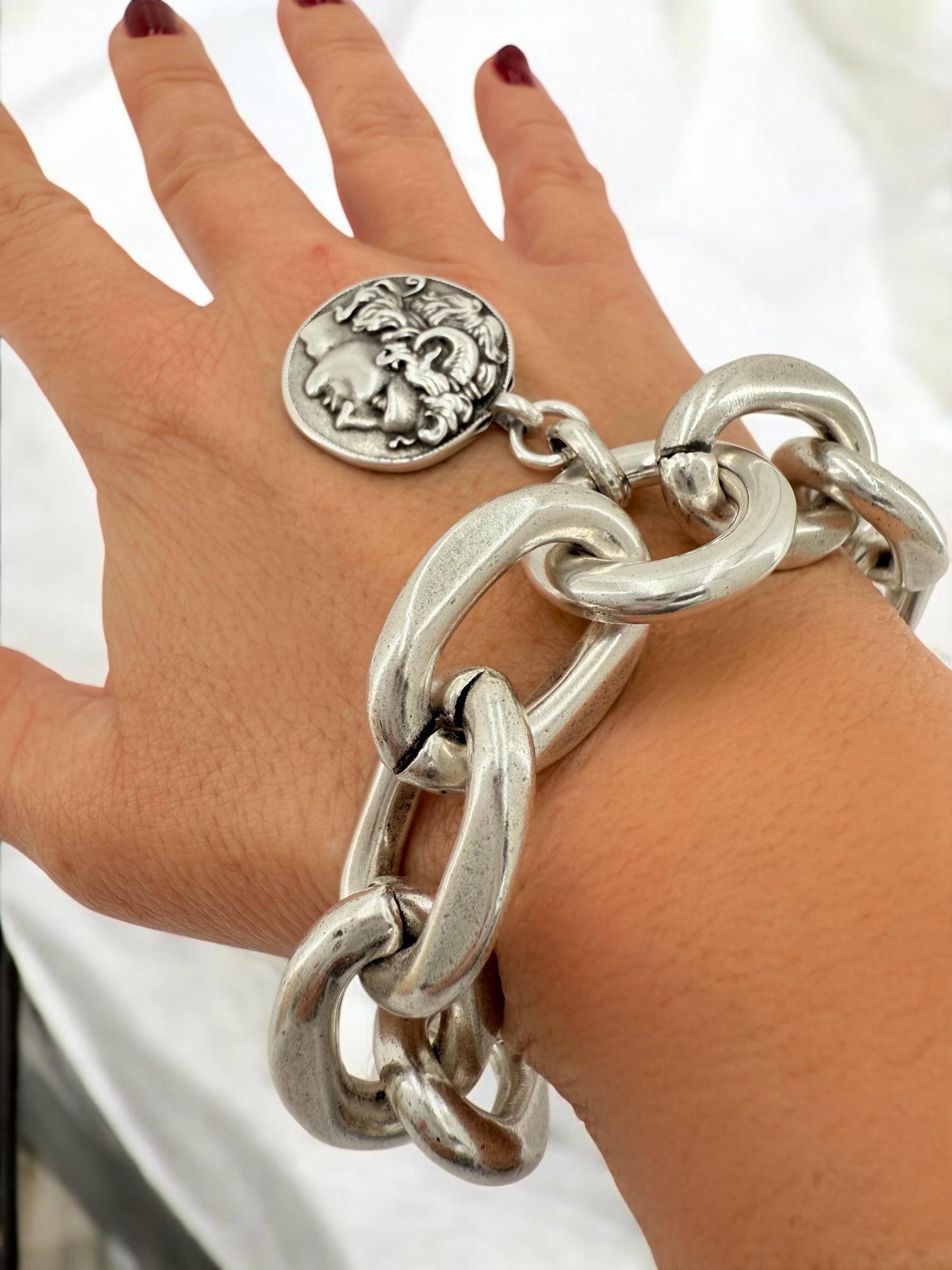 Chunky silver bracelet with alexander the great coin pendant – thick link chain – handmade kukuri jewelry