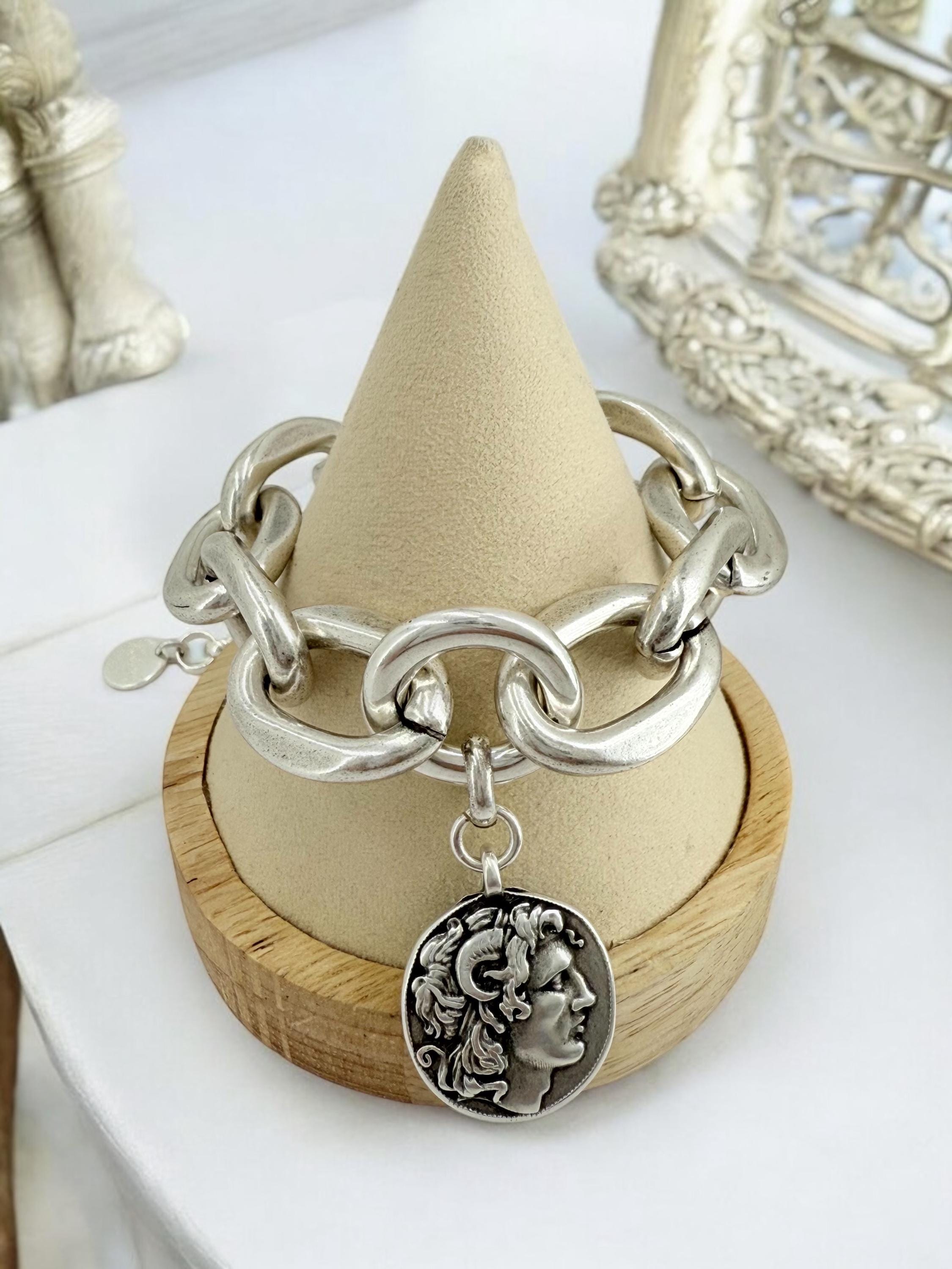 Chunky silver bracelet with alexander the great coin pendant – thick link chain – handmade kukuri jewelry