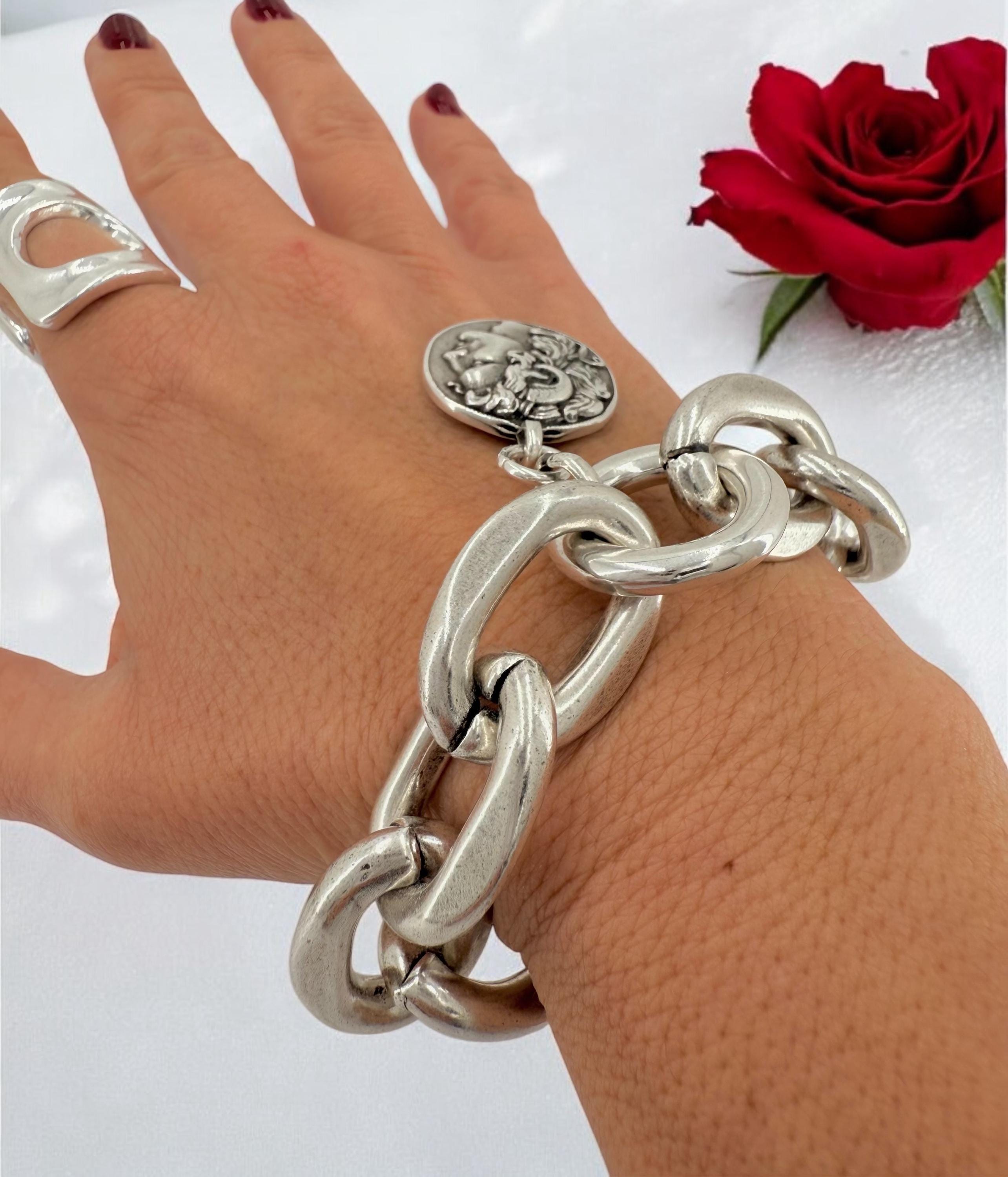 Chunky silver bracelet with alexander the great coin pendant – thick link chain – handmade kukuri jewelry