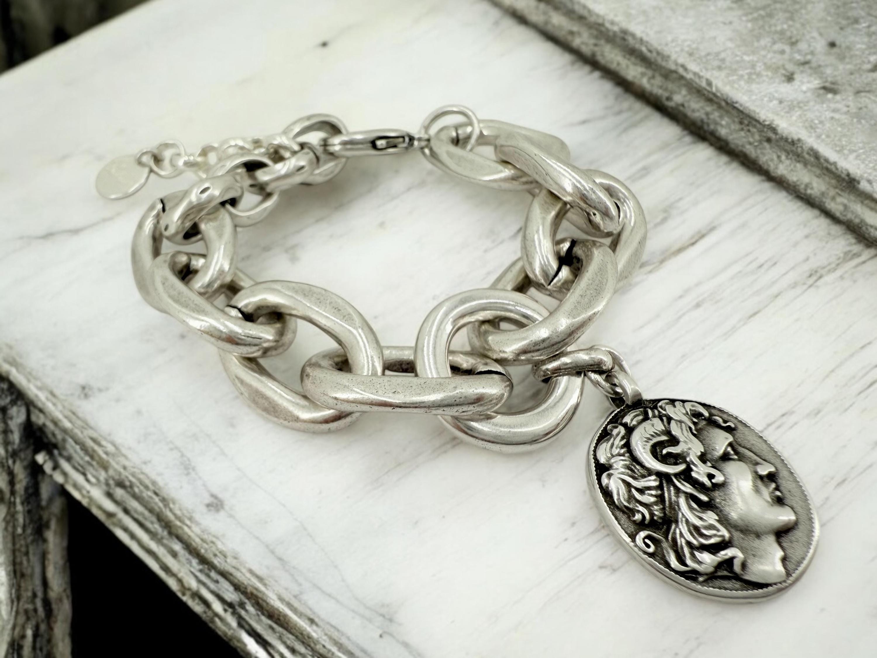 Chunky silver bracelet with alexander the great coin pendant – thick link chain – handmade kukuri jewelry