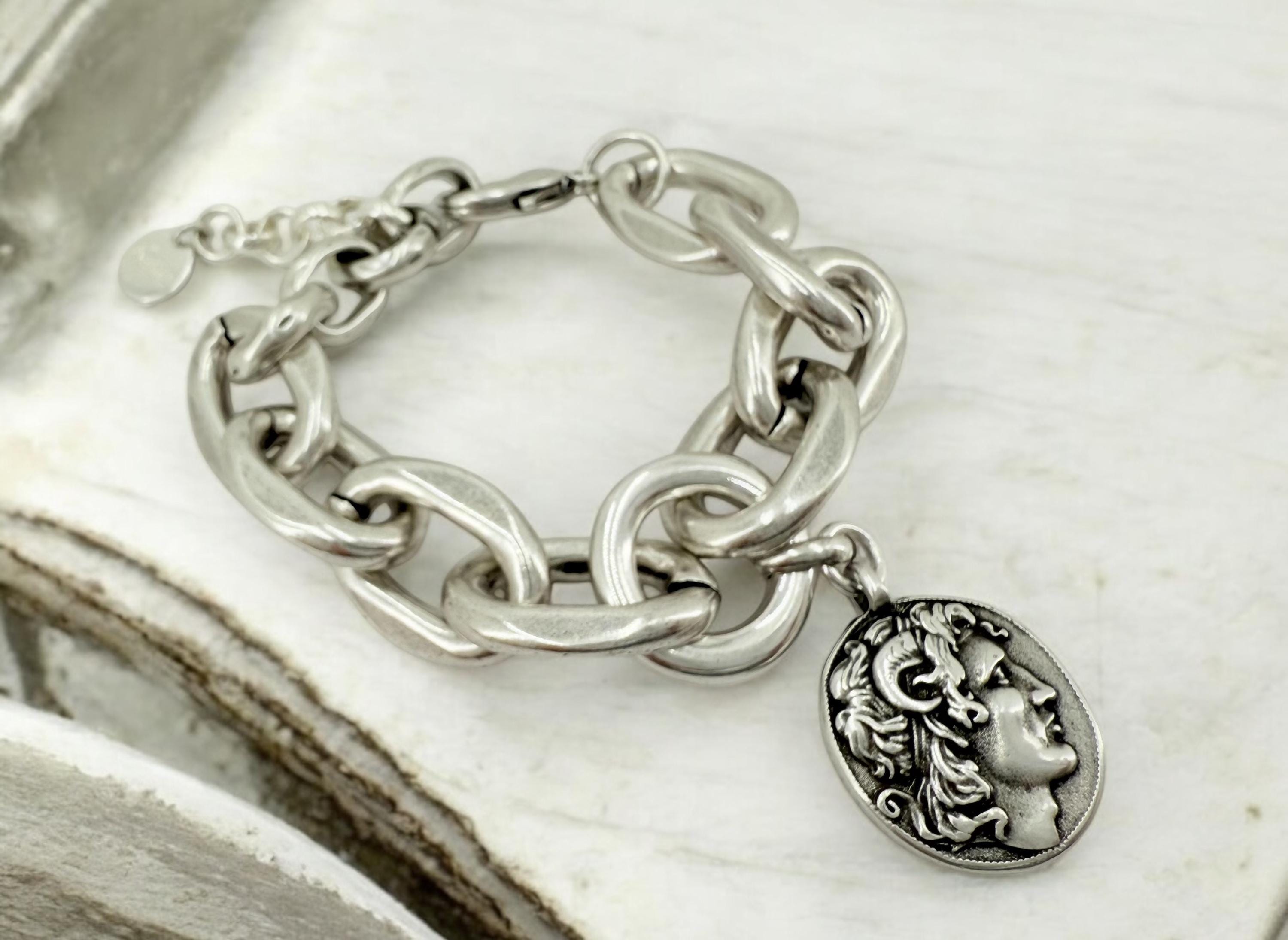 Chunky silver bracelet with alexander the great coin pendant – thick link chain – handmade kukuri jewelry