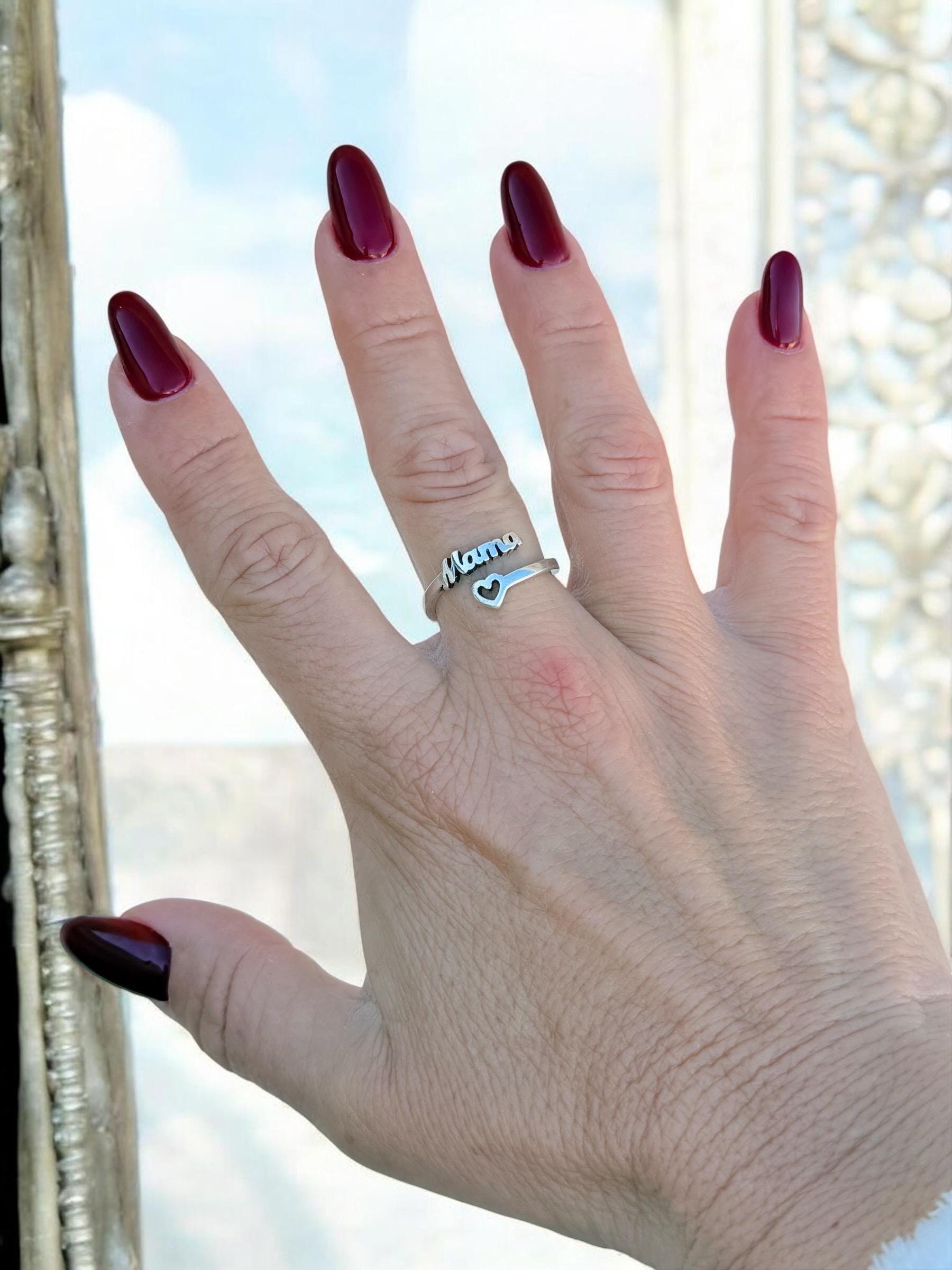 Bohemian silver plated ring with heart and mom engraved message