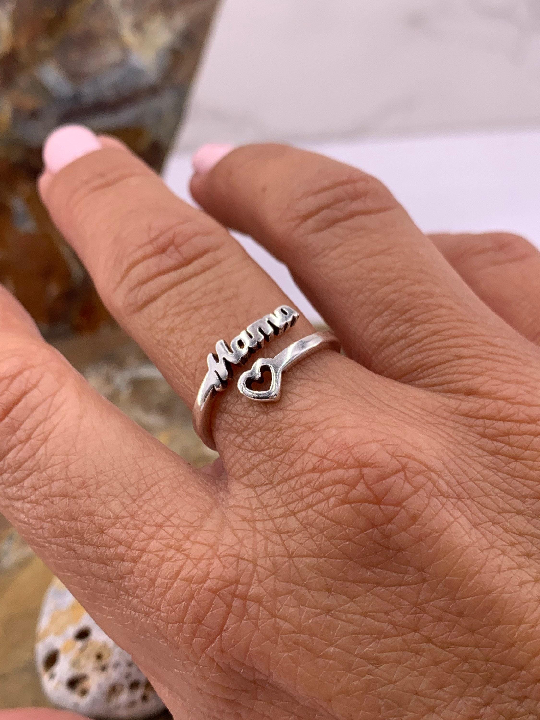 Bohemian silver plated ring with heart and mom engraved message