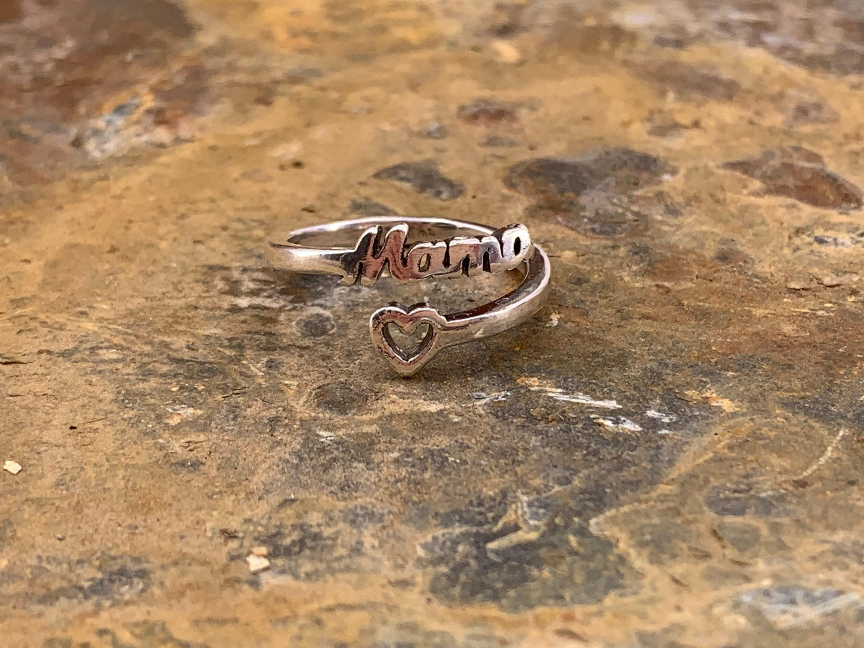 Bohemian silver plated ring with heart and mom engraved message