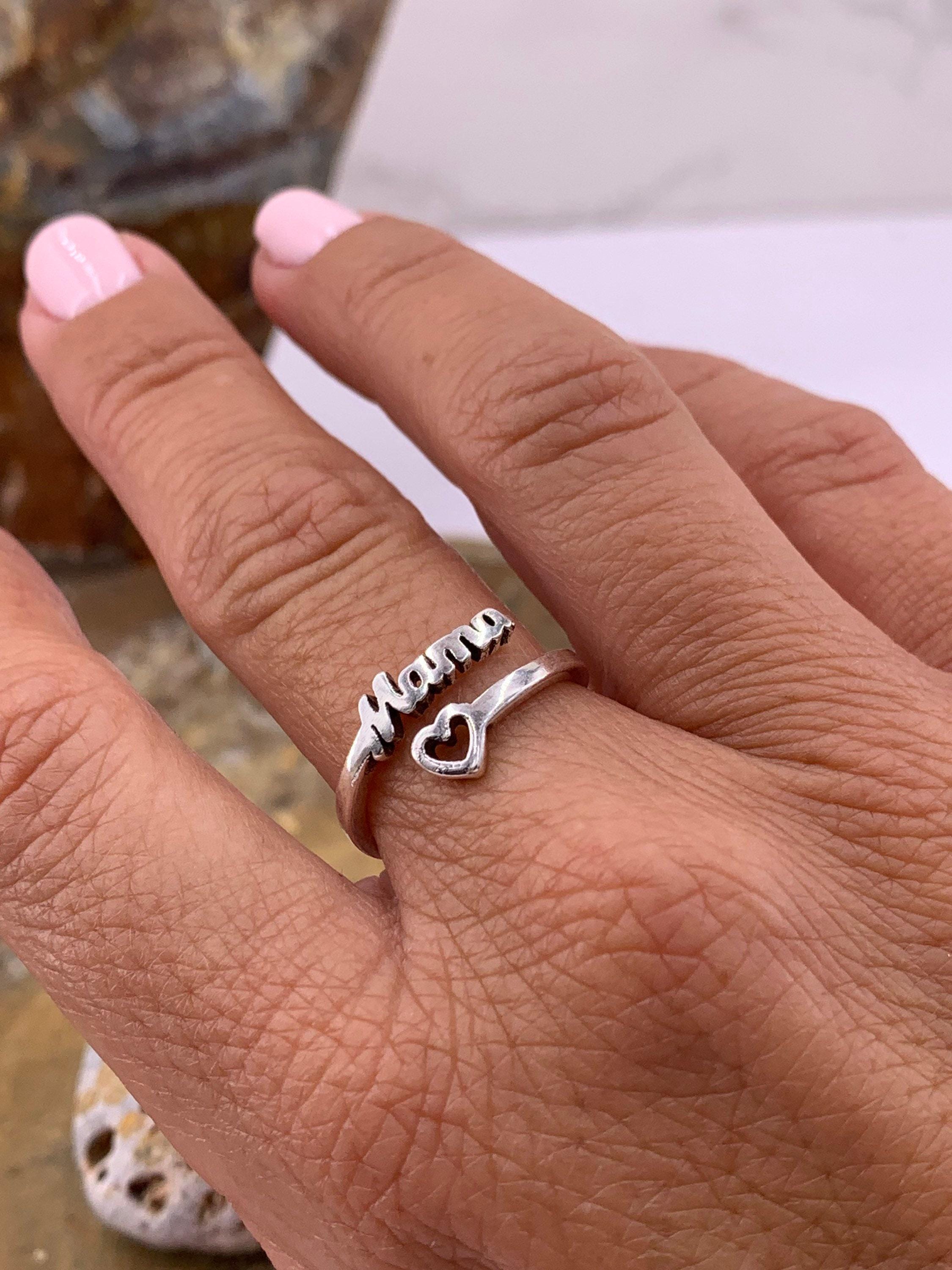 Bohemian silver plated ring with heart and mom engraved message
