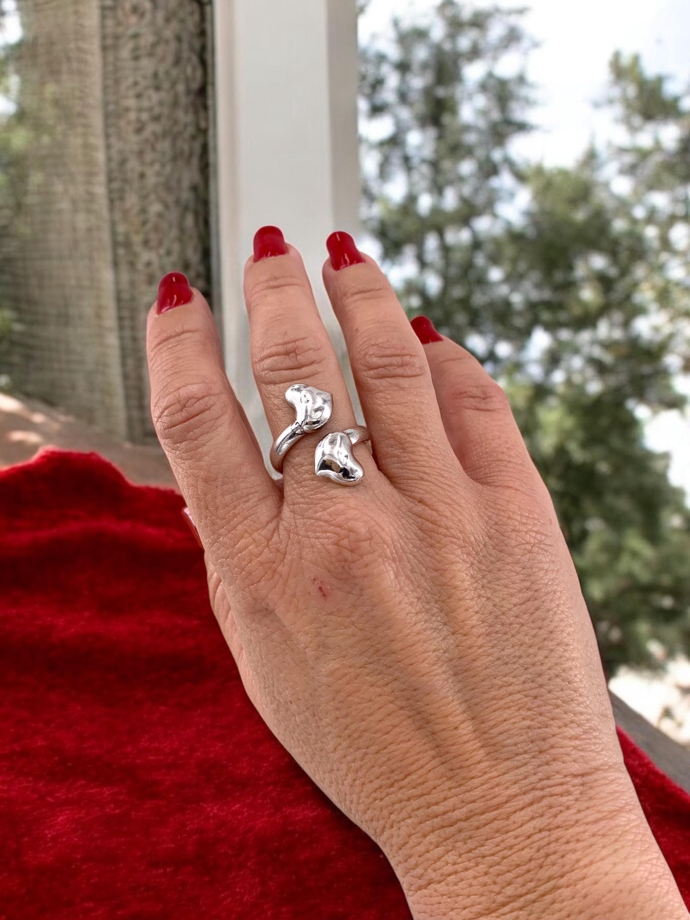 Chunky silver heart adjustable ring , boho style bold open band