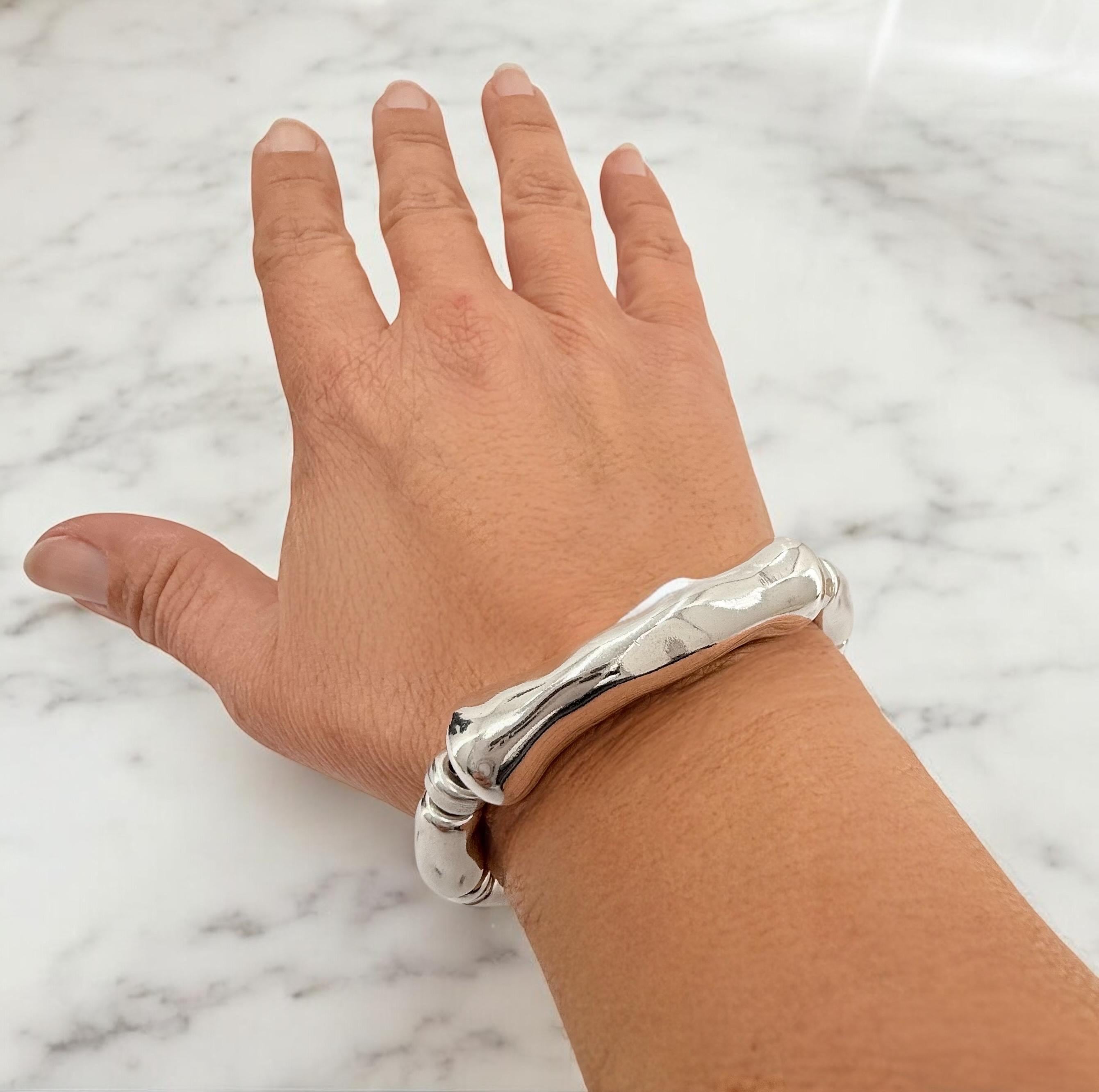 Silver thick tube chunky bracelet, bold adjustable cuff, sculptural design