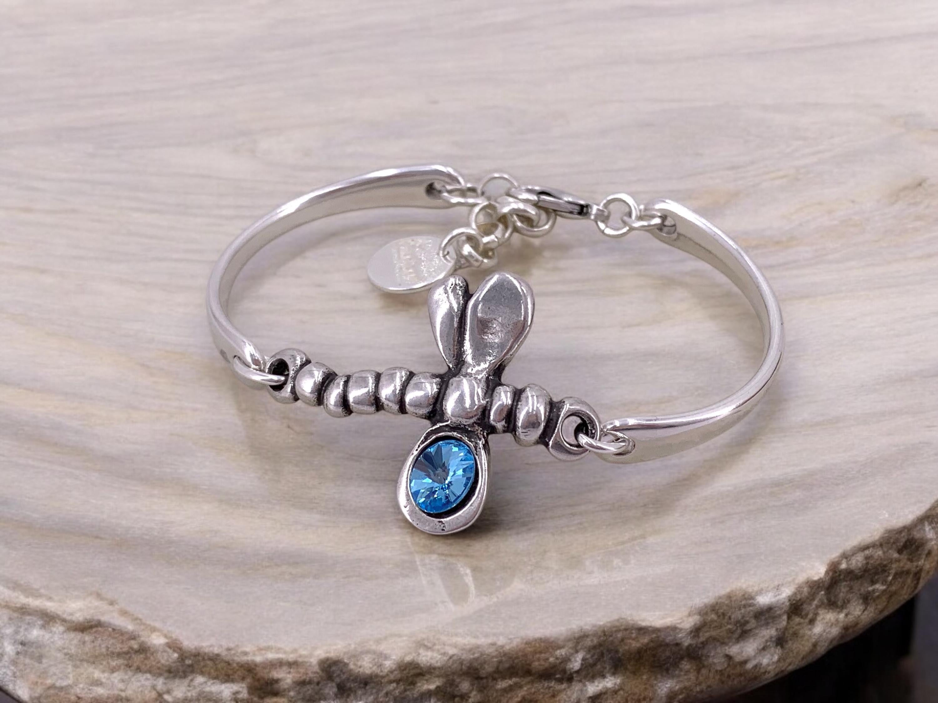 Dragonfly silver cuff bracelet with swarovski accent, adjustable bangle, handmade jewelry
