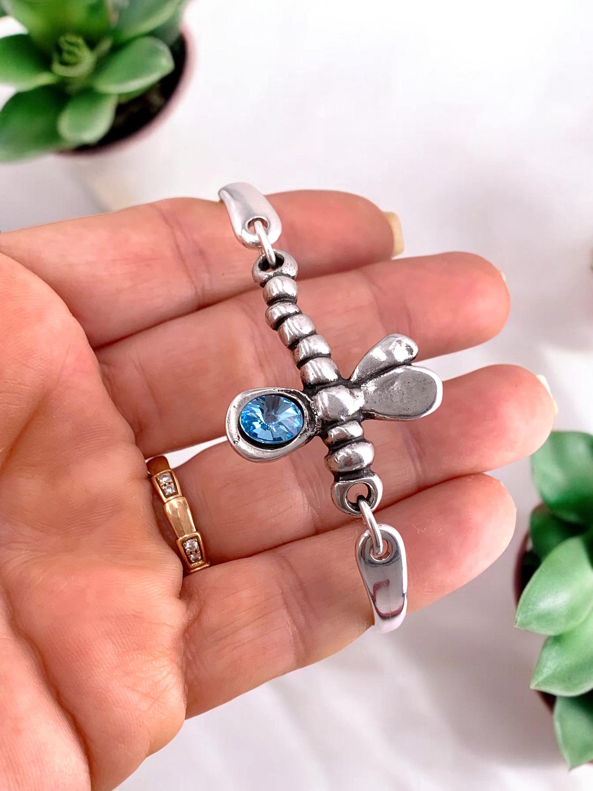 Dragonfly silver cuff bracelet with swarovski accent, adjustable bangle, handmade jewelry
