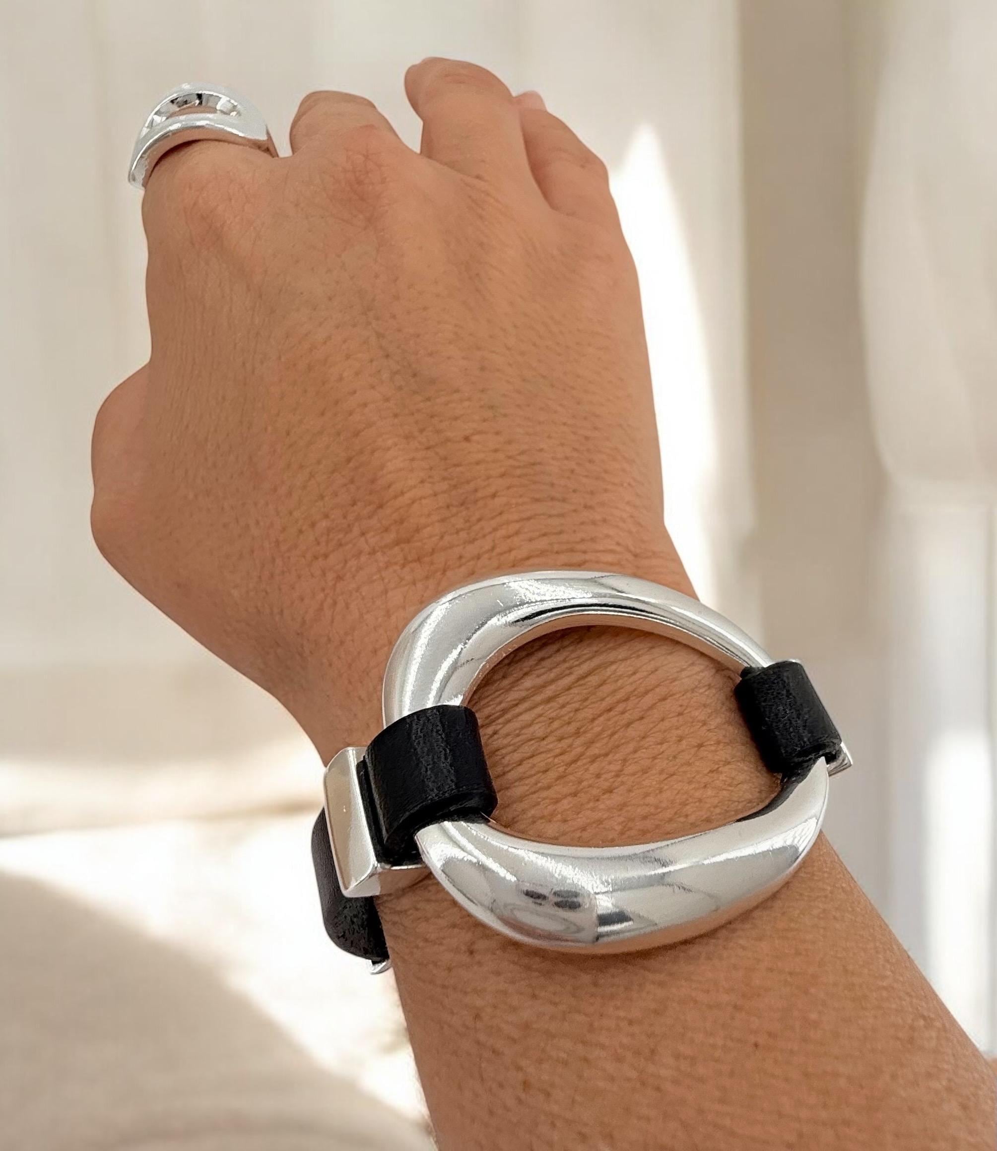 Silver chunky plated leather bracelet with sculptural oval centerpiece - adjustable silver cuff
